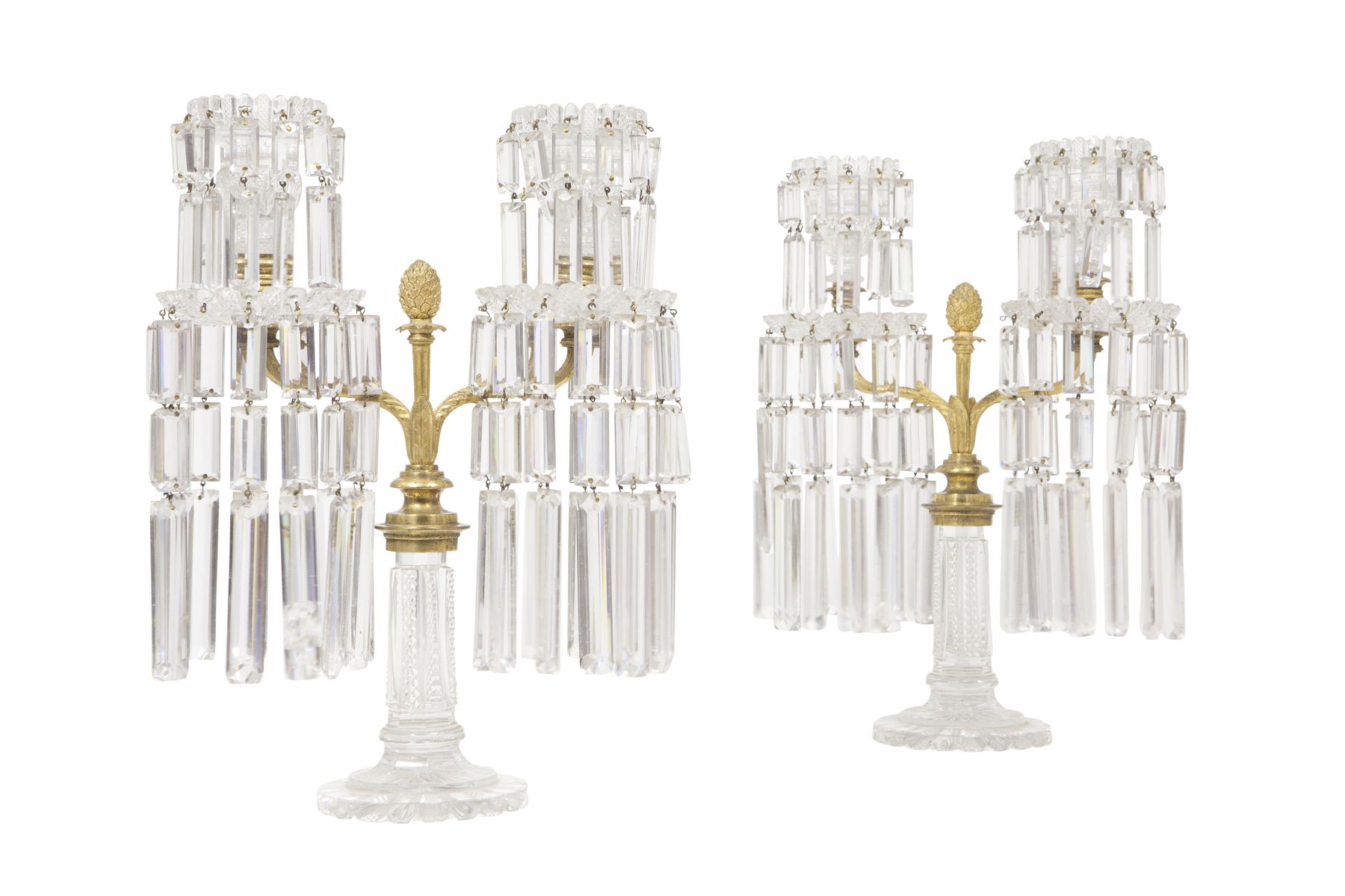 PAIR OF ENGLISH CUT GLASS AND GILT BRONZE CANDELABRA