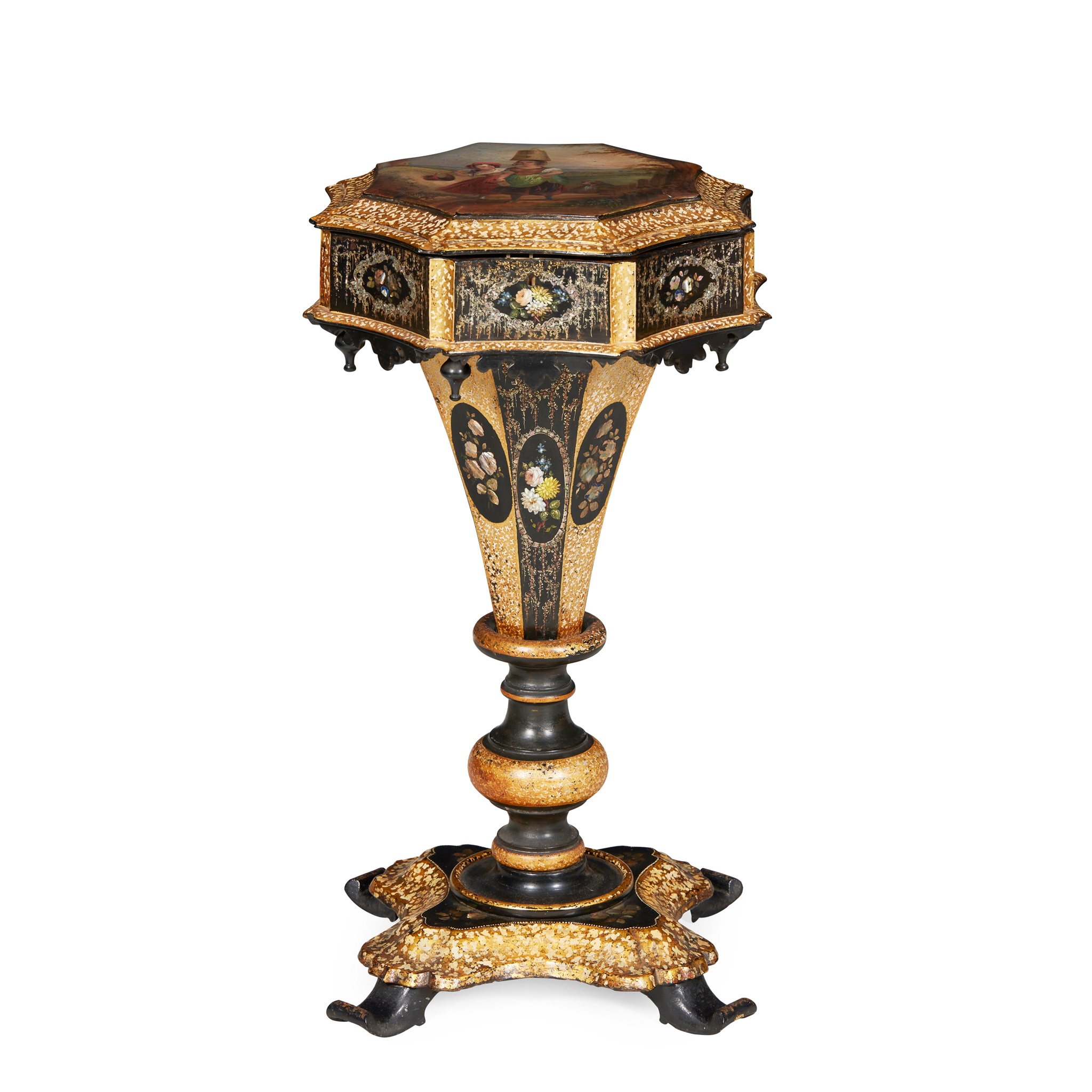 VICTORIAN PAPIER MÂCHÉ, MOTHER-OF-PEARL AND PARCEL-GILT PEDESTAL WORKBOX