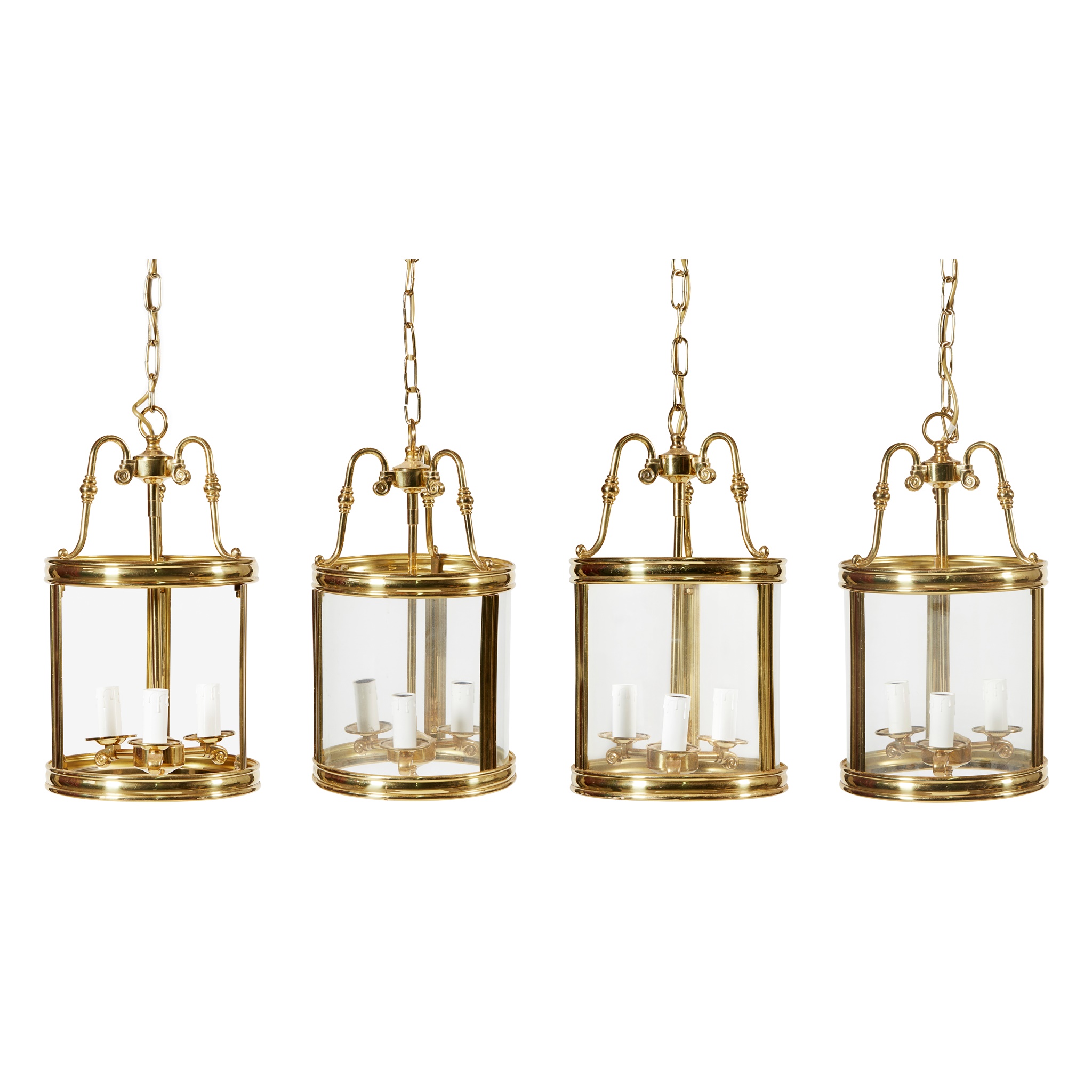 FOUR GEORGIAN STYLE LACQUERED BRASS HALL LANTERNS