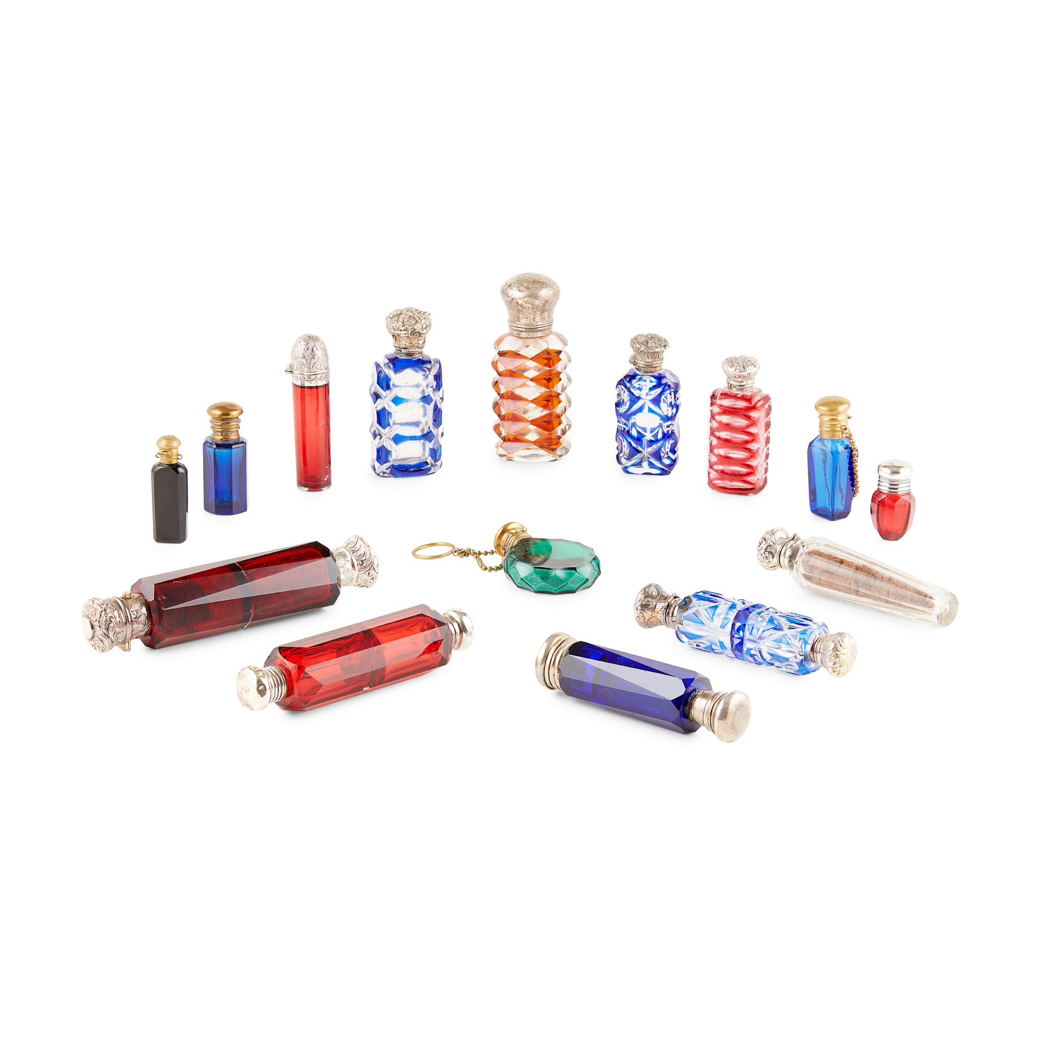 COLLECTION OF COLOURED AND CLEAR GLASS SCENT BOTTLES