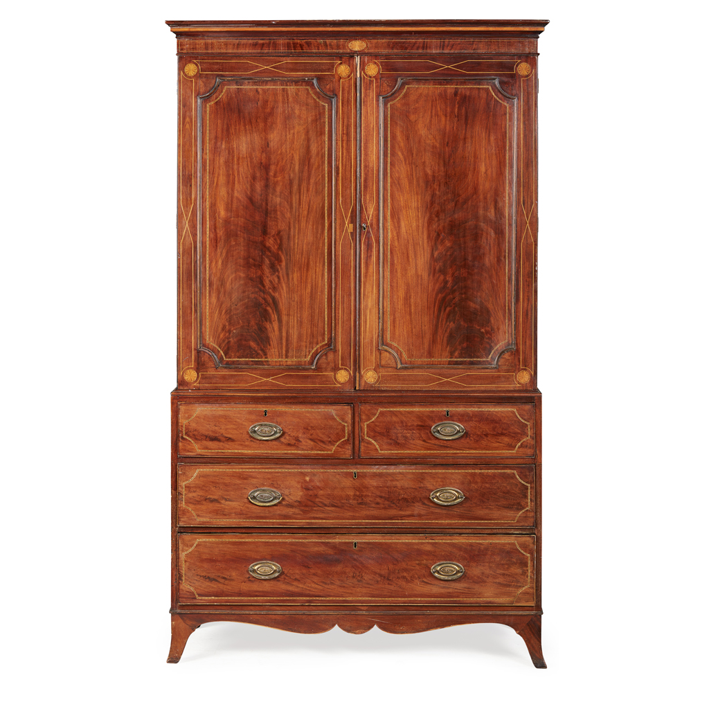 GEORGE III MAHOGANY AND INLAID LINEN PRESS