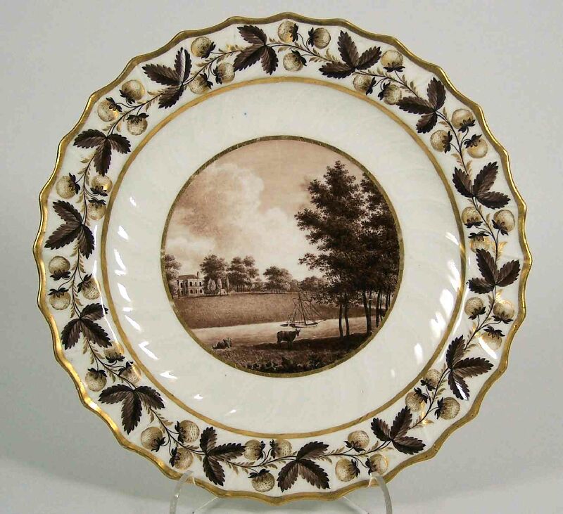 A Flight & Barr circular scalloped topographical fruit plate depicting Oatlands, Surrey, circa 1795