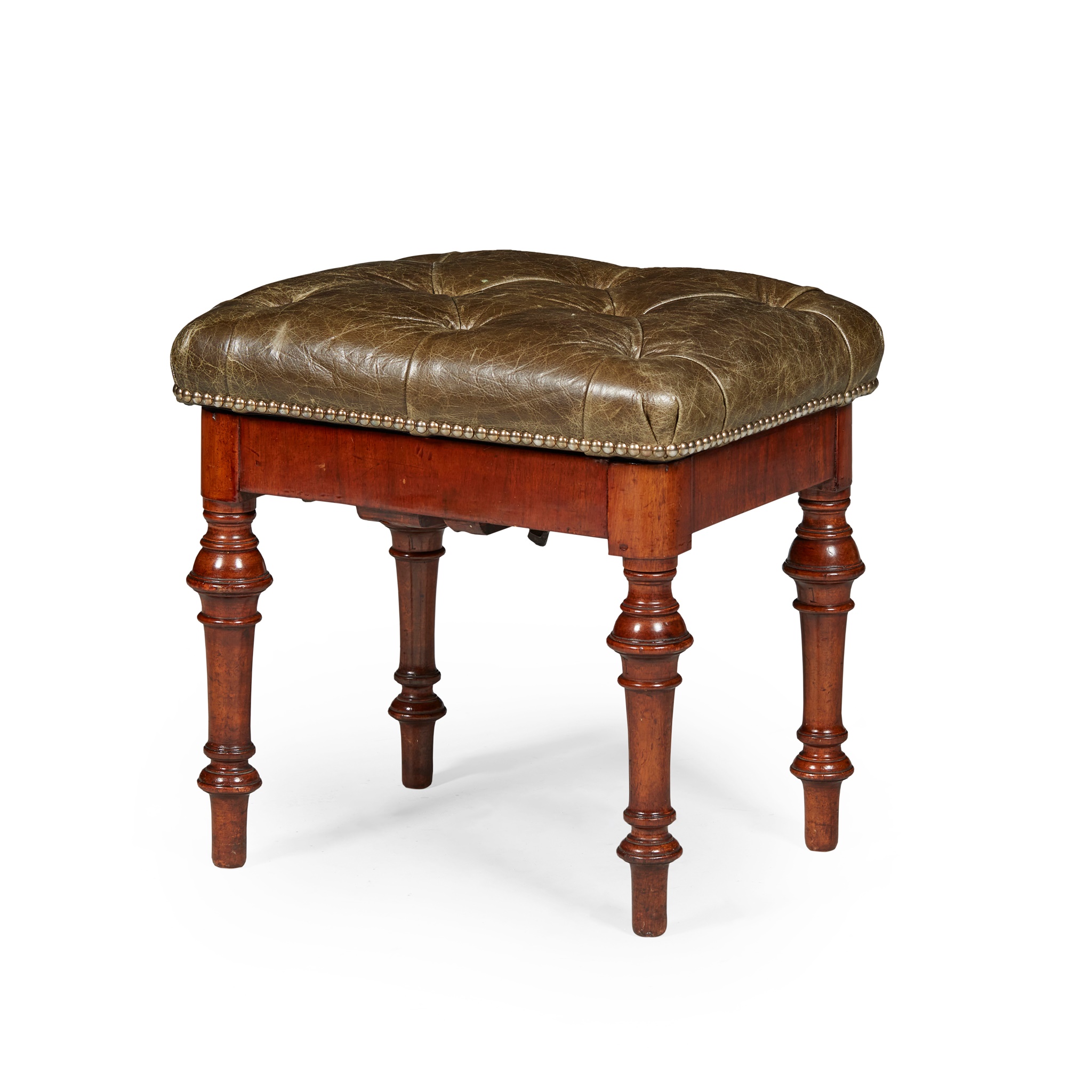 VICTORIAN LEATHER MAHOGANY PIANO STOOL, WADMAN BROS.