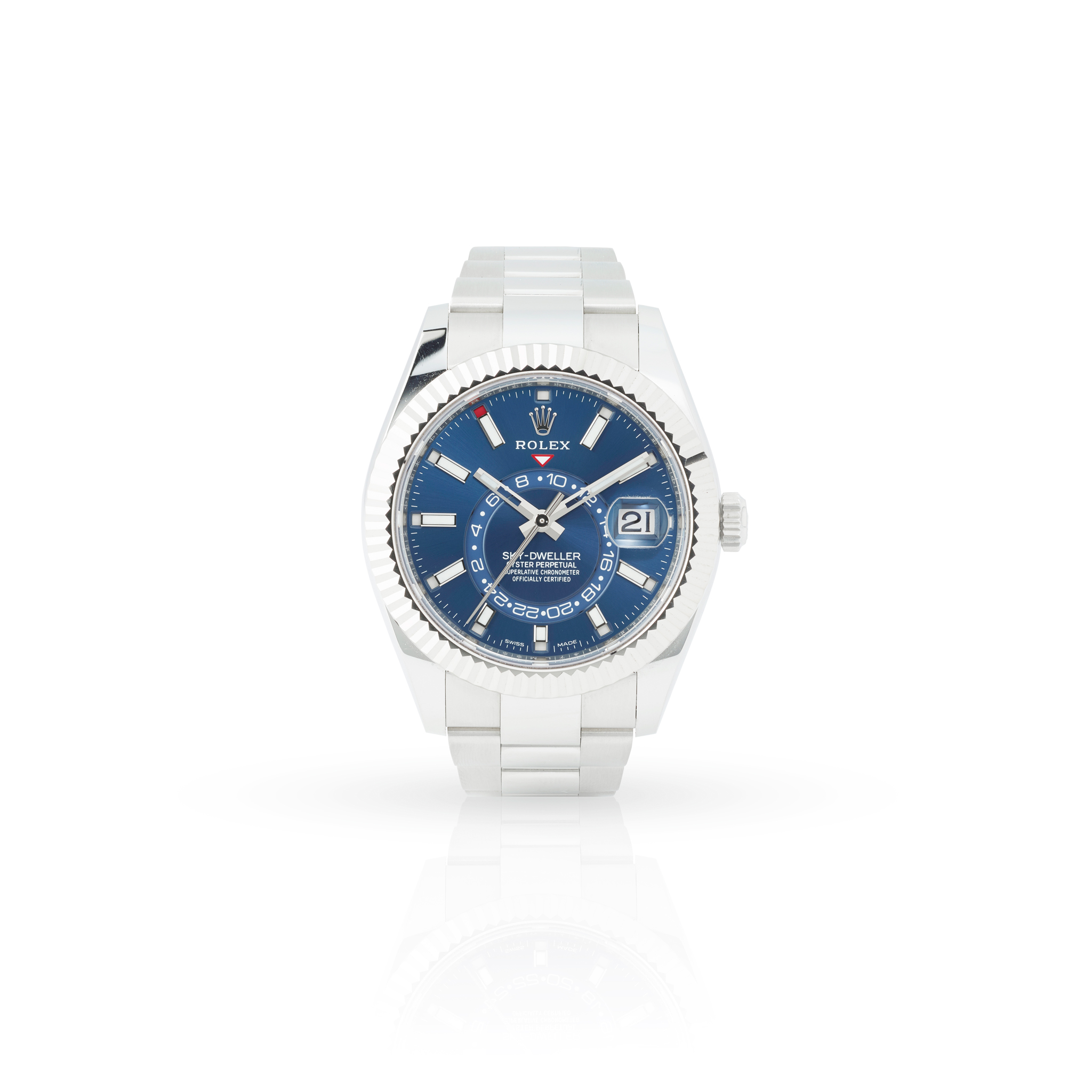 Rolex. A fine and unusual stainless steel and white gold automatic dual time-zone annual calendar wristwatch,