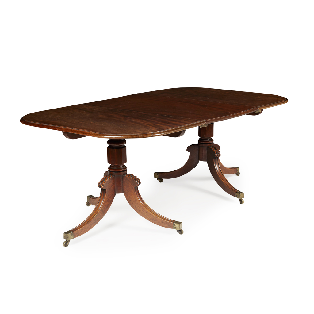 REGENCY STYLE MAHOGANY TWIN PEDESTAL DINING TABLE