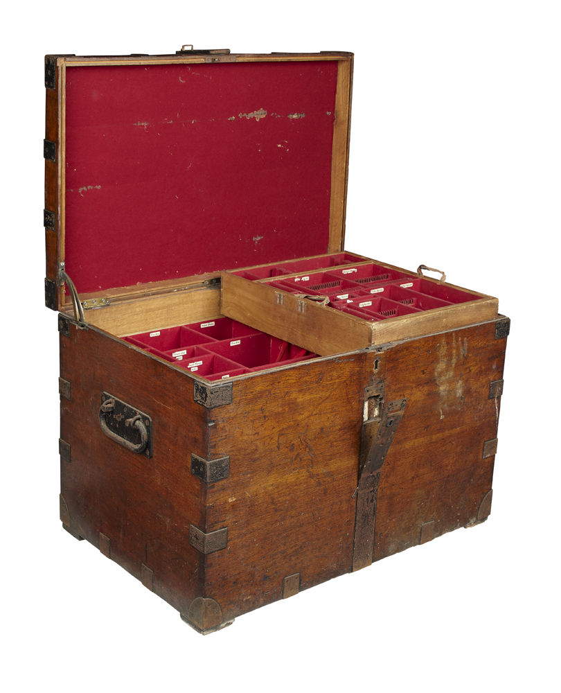 EDWARDIAN OAK AND IRON BOUND SILVER CHEST