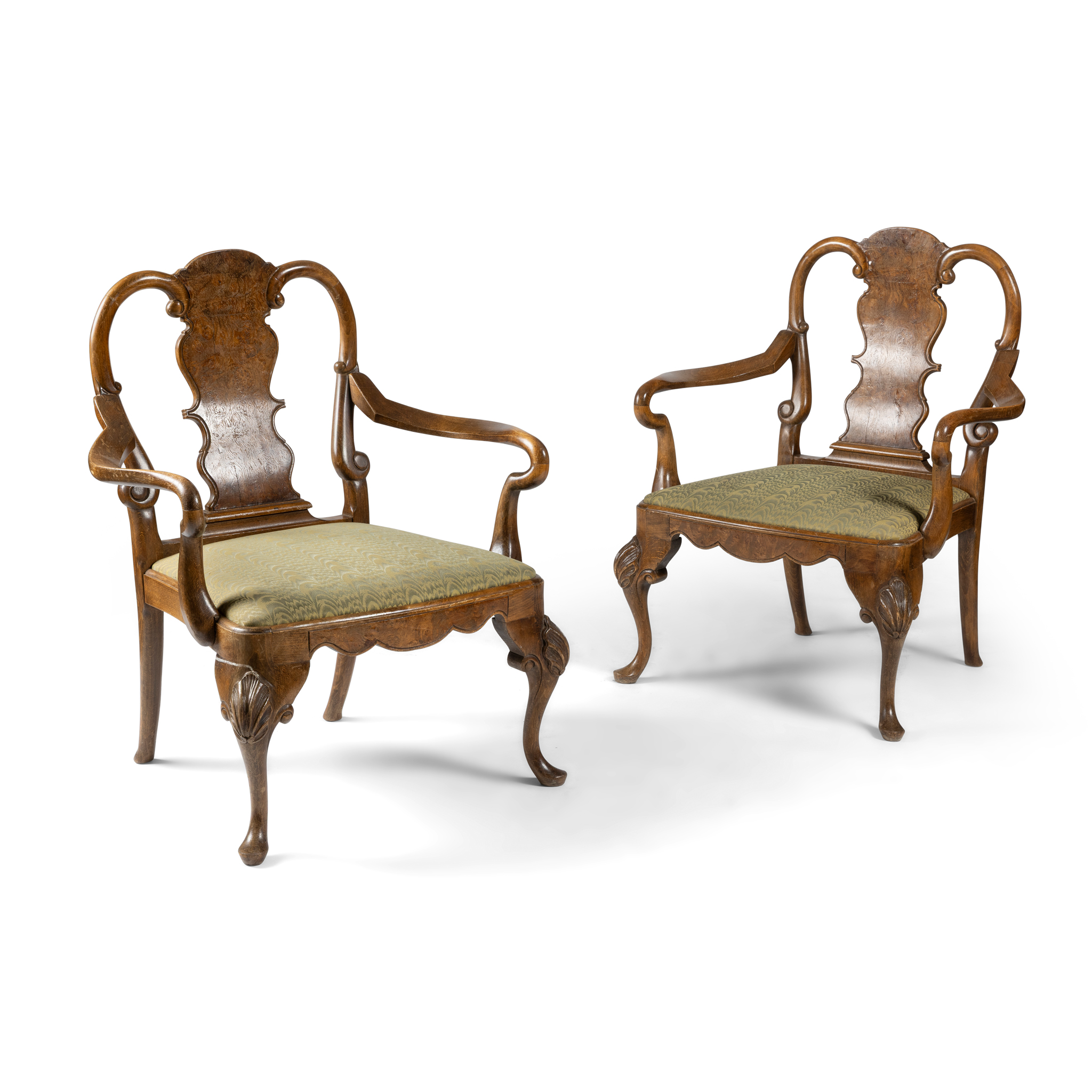 A PAIR OF WALNUT ARMCHAIRS