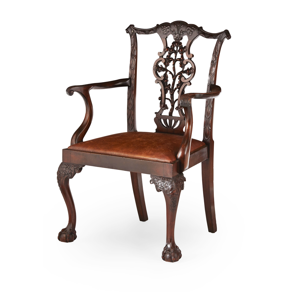 CHIPPENDALE STYLE CARVED MAHOGANY OPEN ARMCHAIR