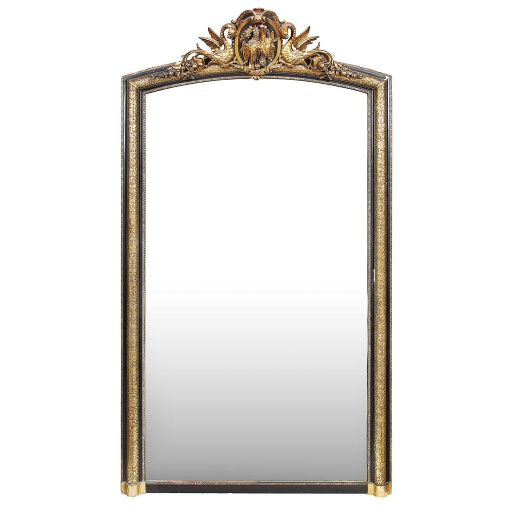 CONTINENTAL EBONISED AND GILTWOOD OVERMANTEL MIRROR