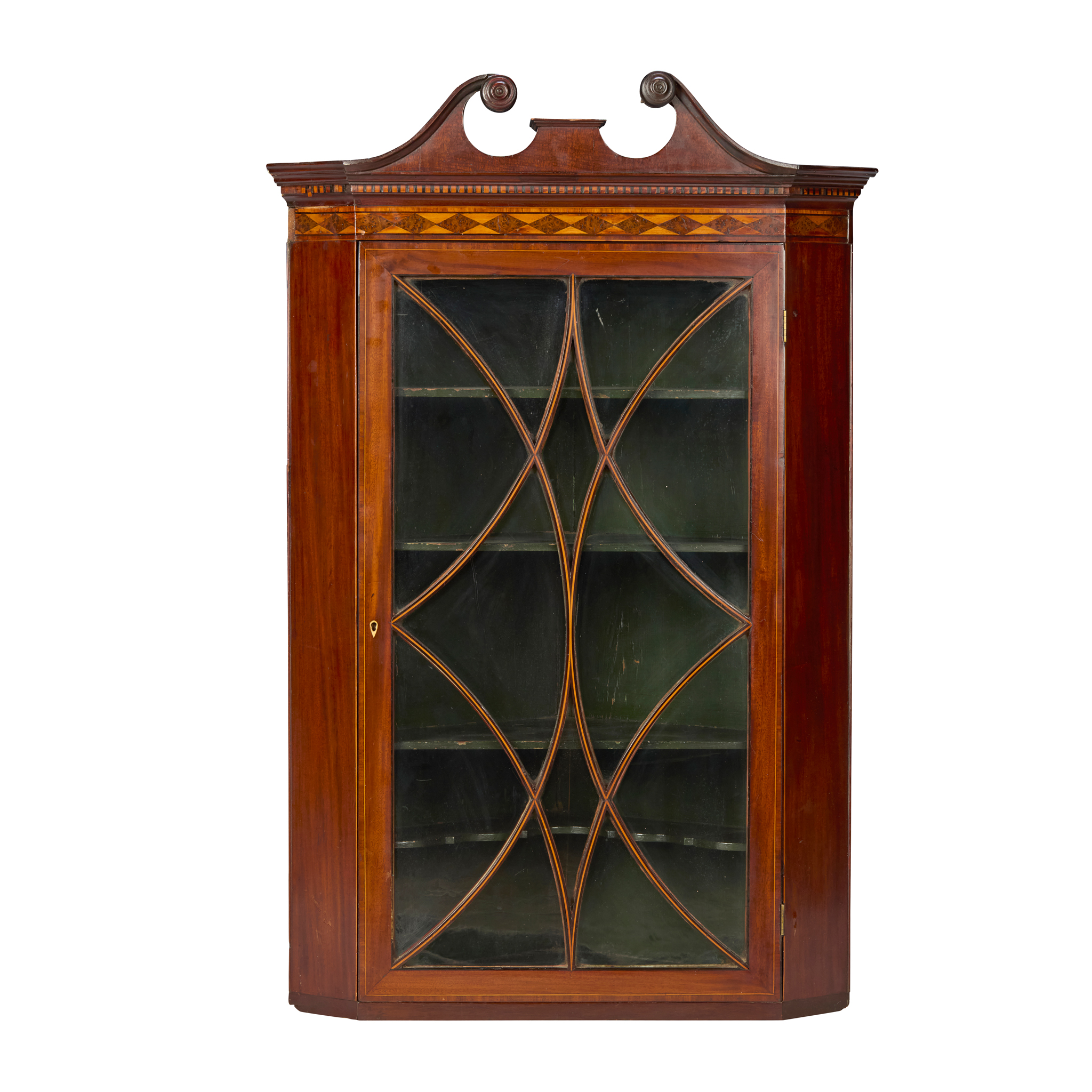 GEORGE III MAHOGANY, SATINWOOD, AND AMBOYNA HANGING CORNER CABINET