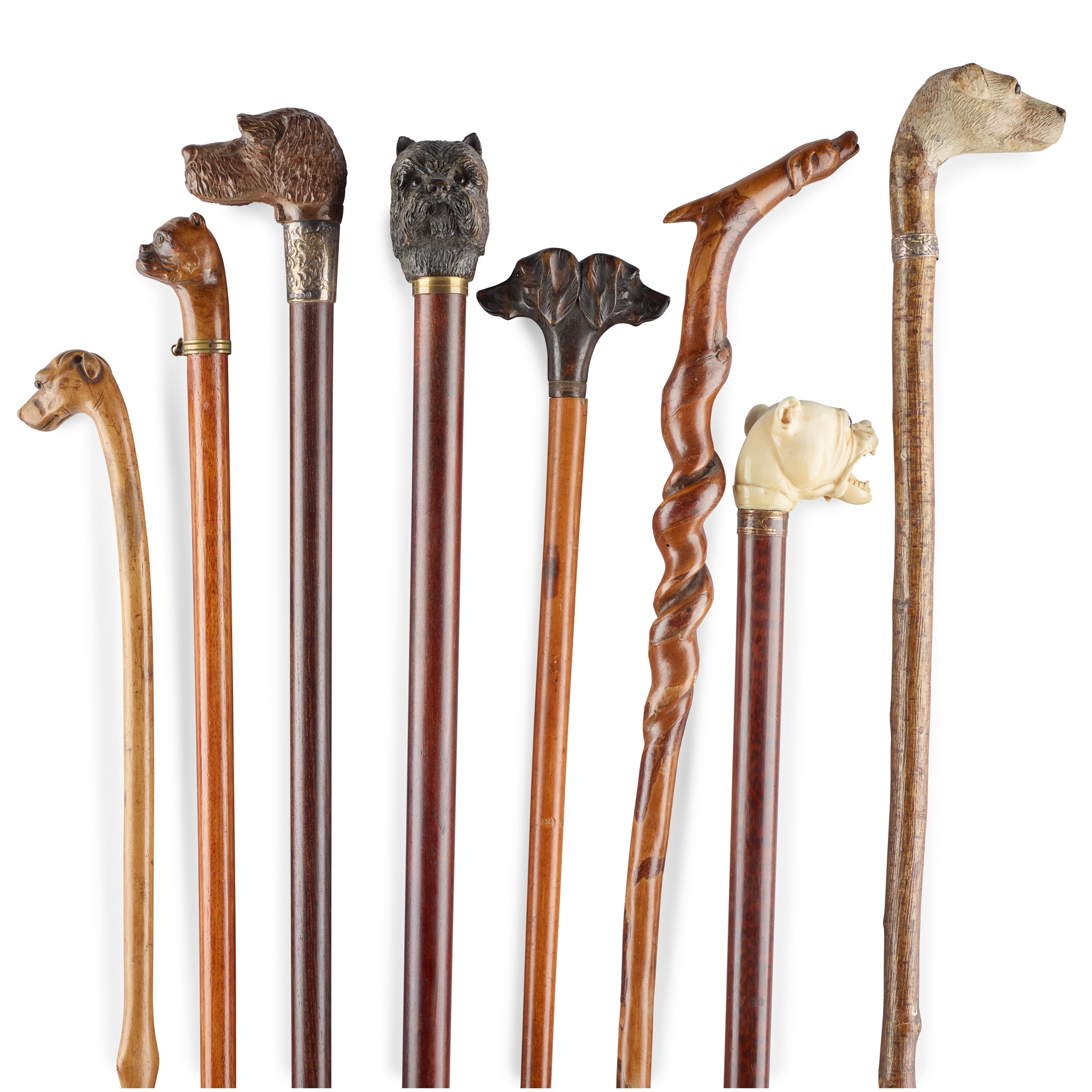 GROUP OF EIGHT DOG HEAD WALKING STICKS