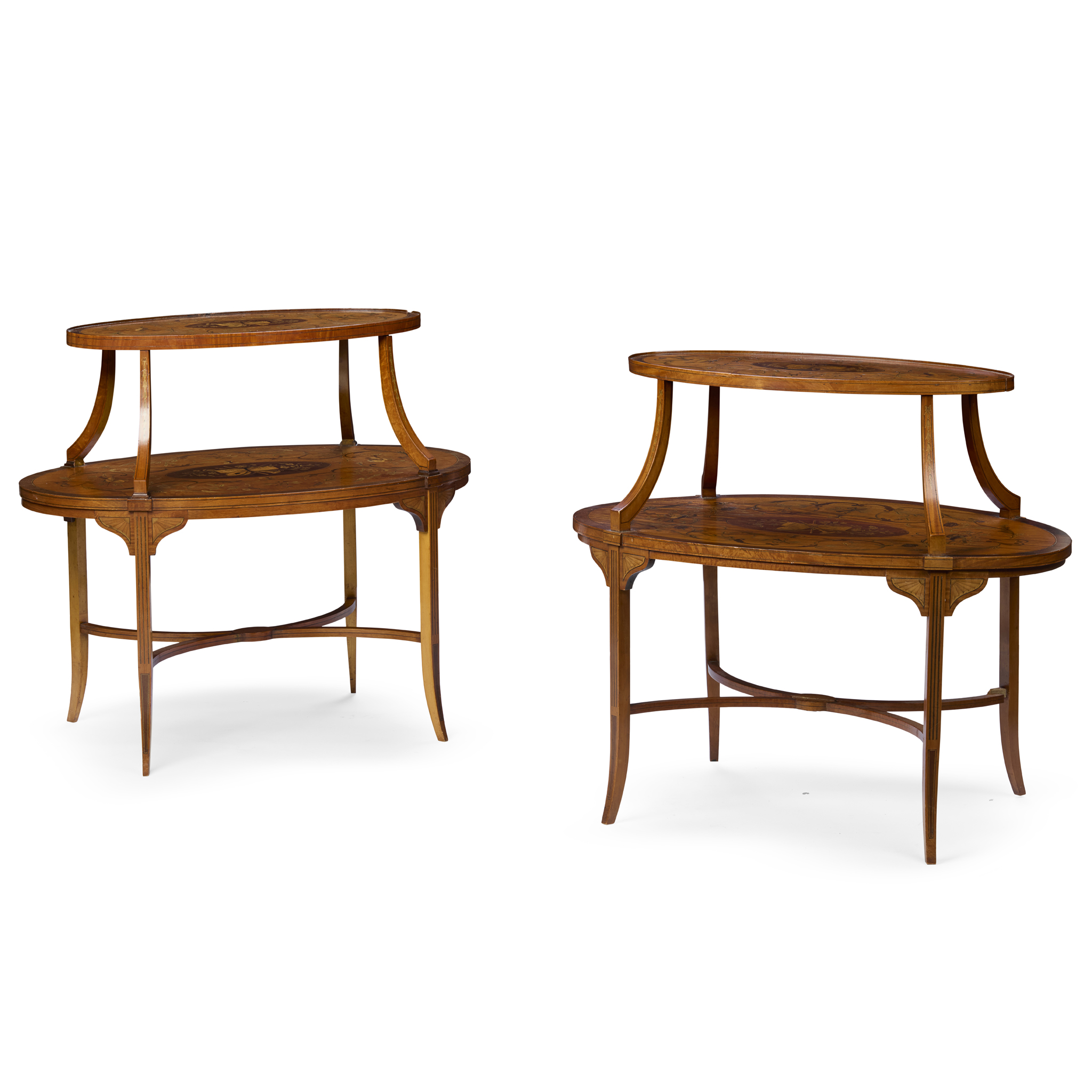PAIR OF VICTORIAN SATINWOOD, MAHOGANY, AND MARQUETRY ÉTAGÈRE