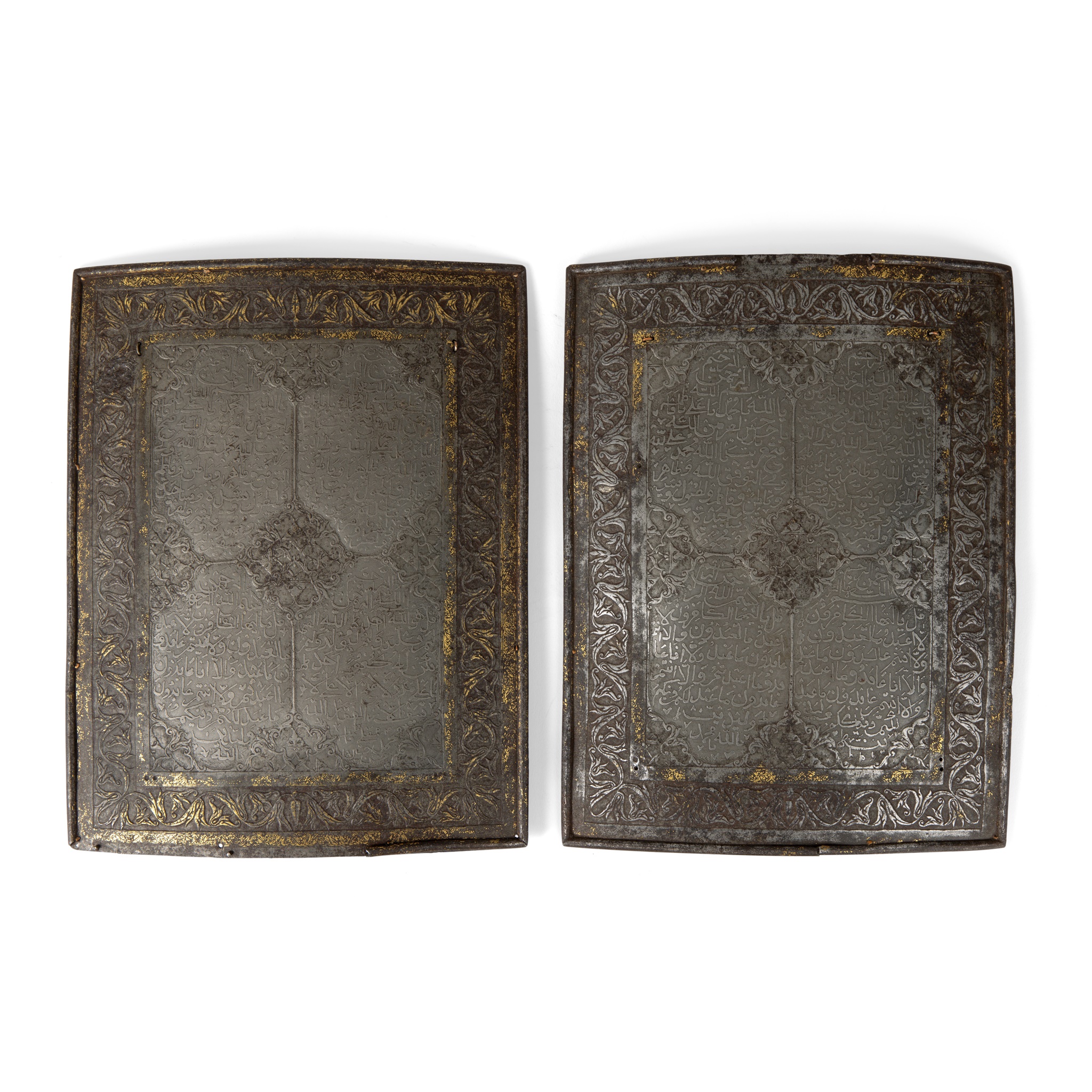 PAIR OF QAJAR GOLD DAMASCENED STEEL ARMOUR PLATES