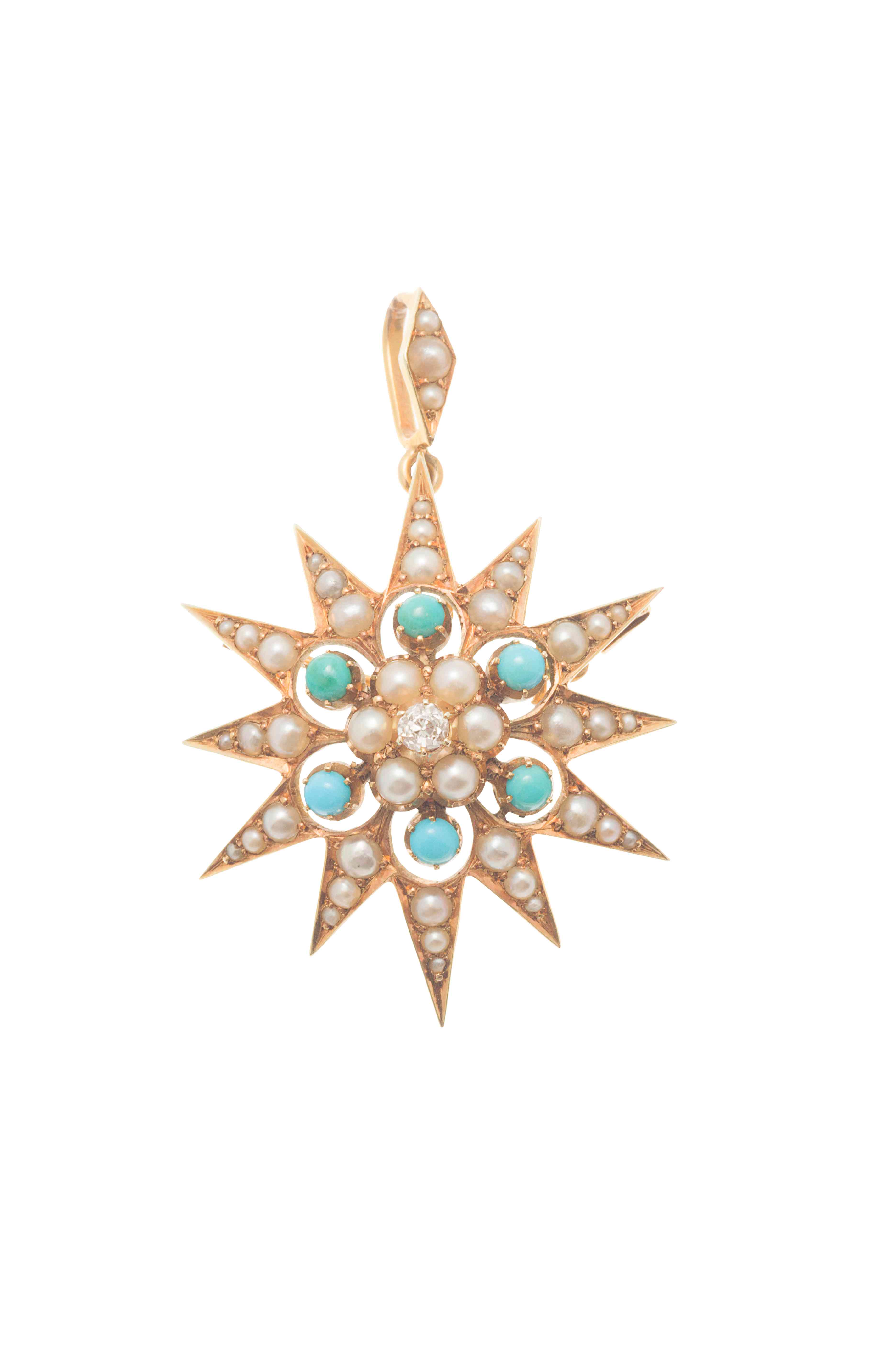 An Edwardian pearl, turquoise and diamond set brooch/pendant