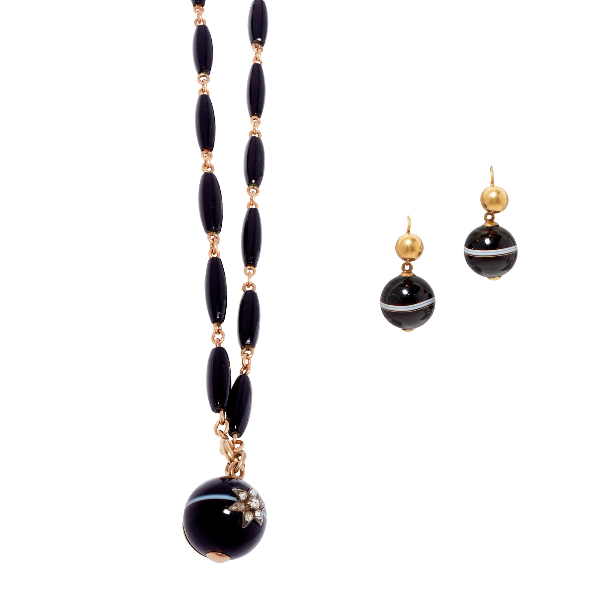 A mid 19th century onyx and agate necklace and earrings