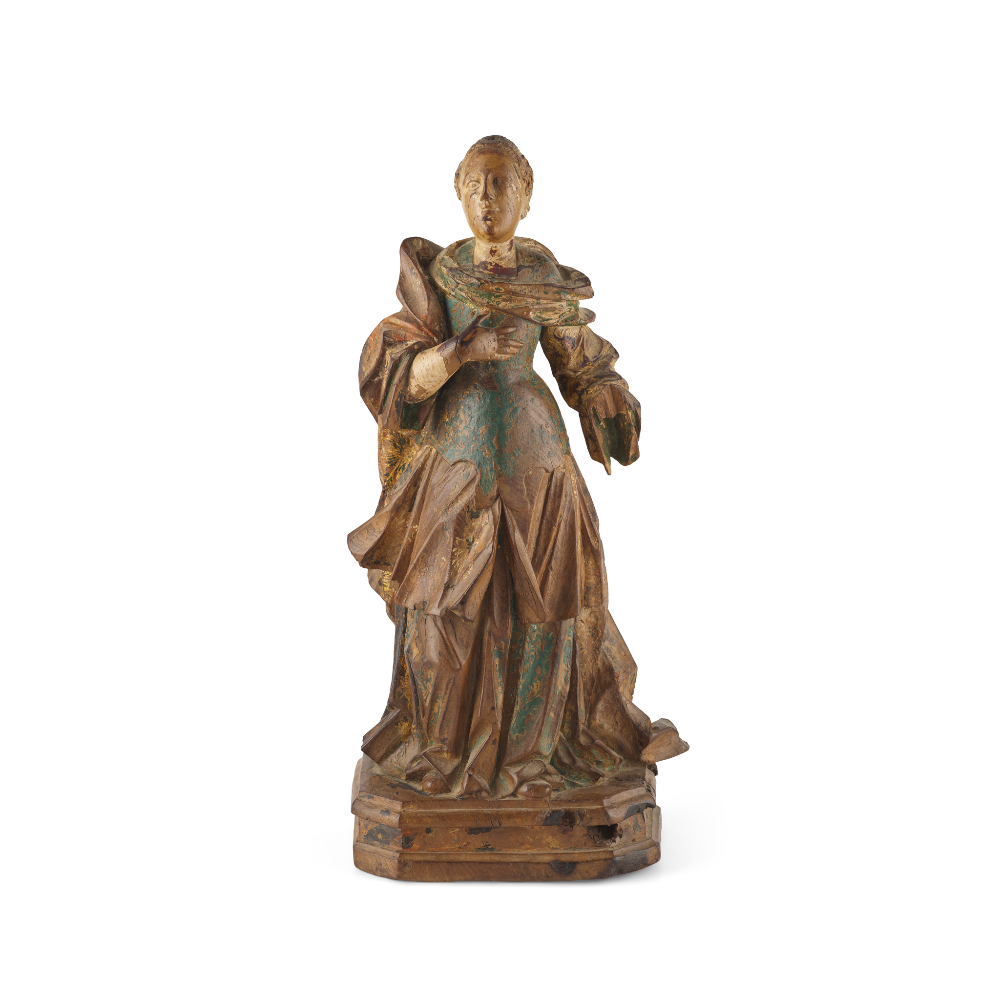 SOUTHERN EUROPEAN CARVED WOODEN FIGURE OF A FEMALE SAINT