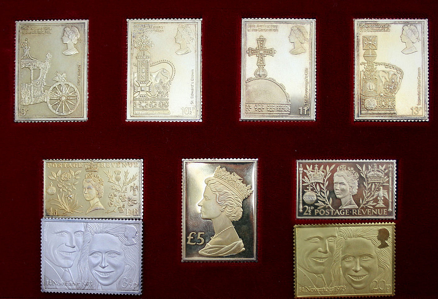 A cased set of seven silver gilt facsimile stamps to commemorate the 25th Anniversary of the Coronation of Queen Elizabeth II
