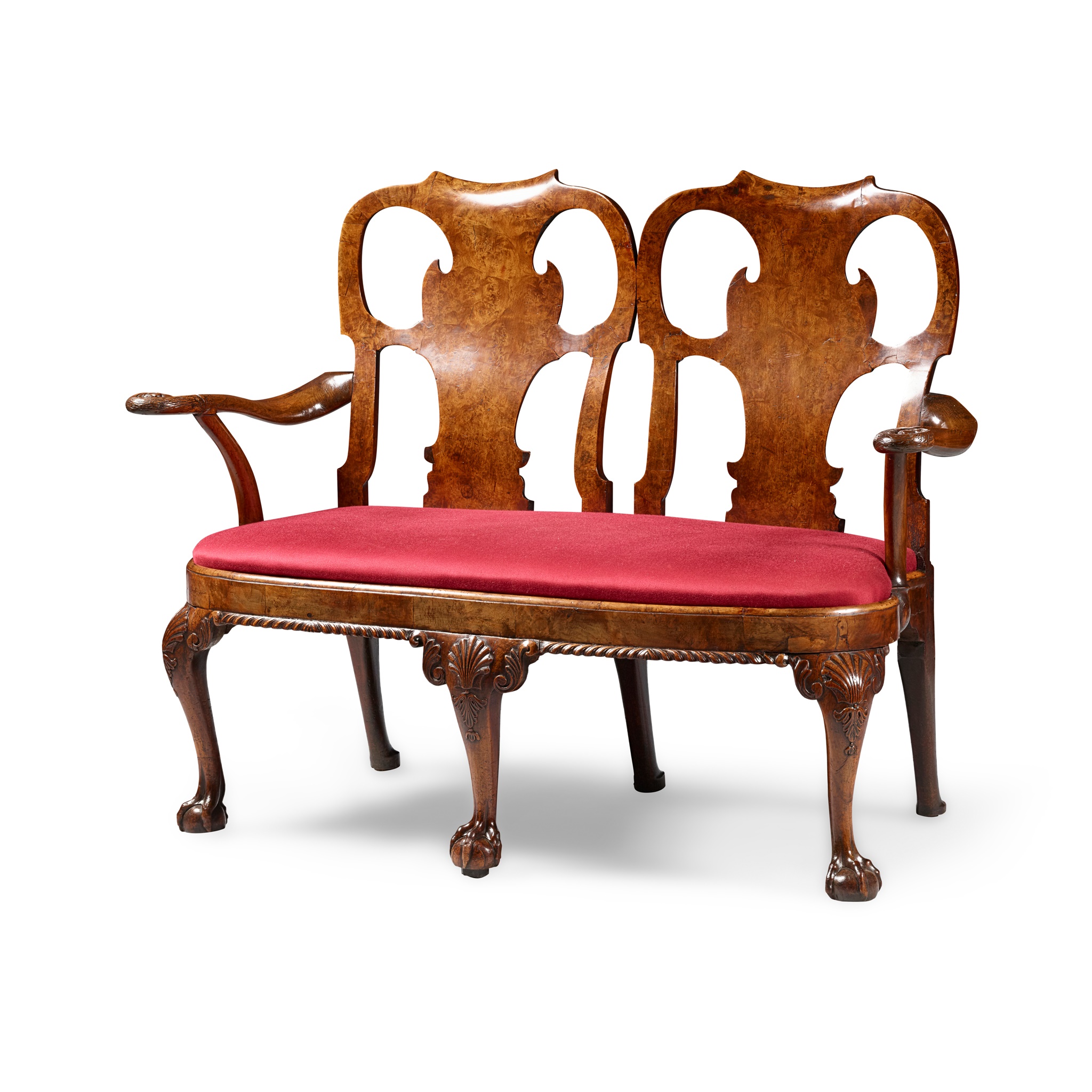 IRISH GEORGE II STYLE WALNUT AND BURR WALNUT CHAIR-BACK SETTEE
