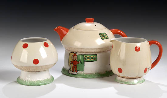 A Shelley three piece tea service designed by Mabel Lucie Attwell