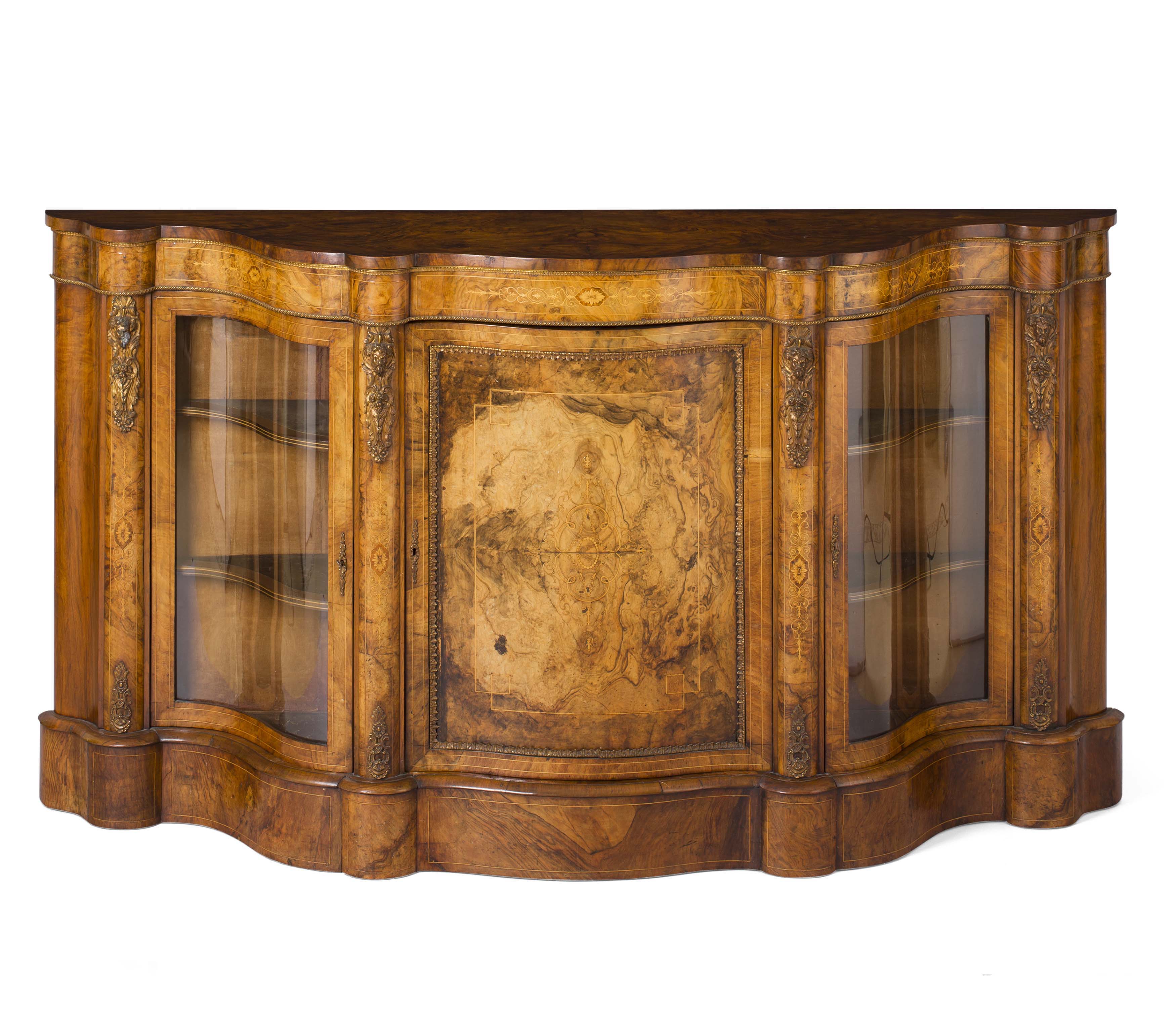 VICTORIAN INLAID AND GILT BRASS MOUNTED WALNUT CREDENZA