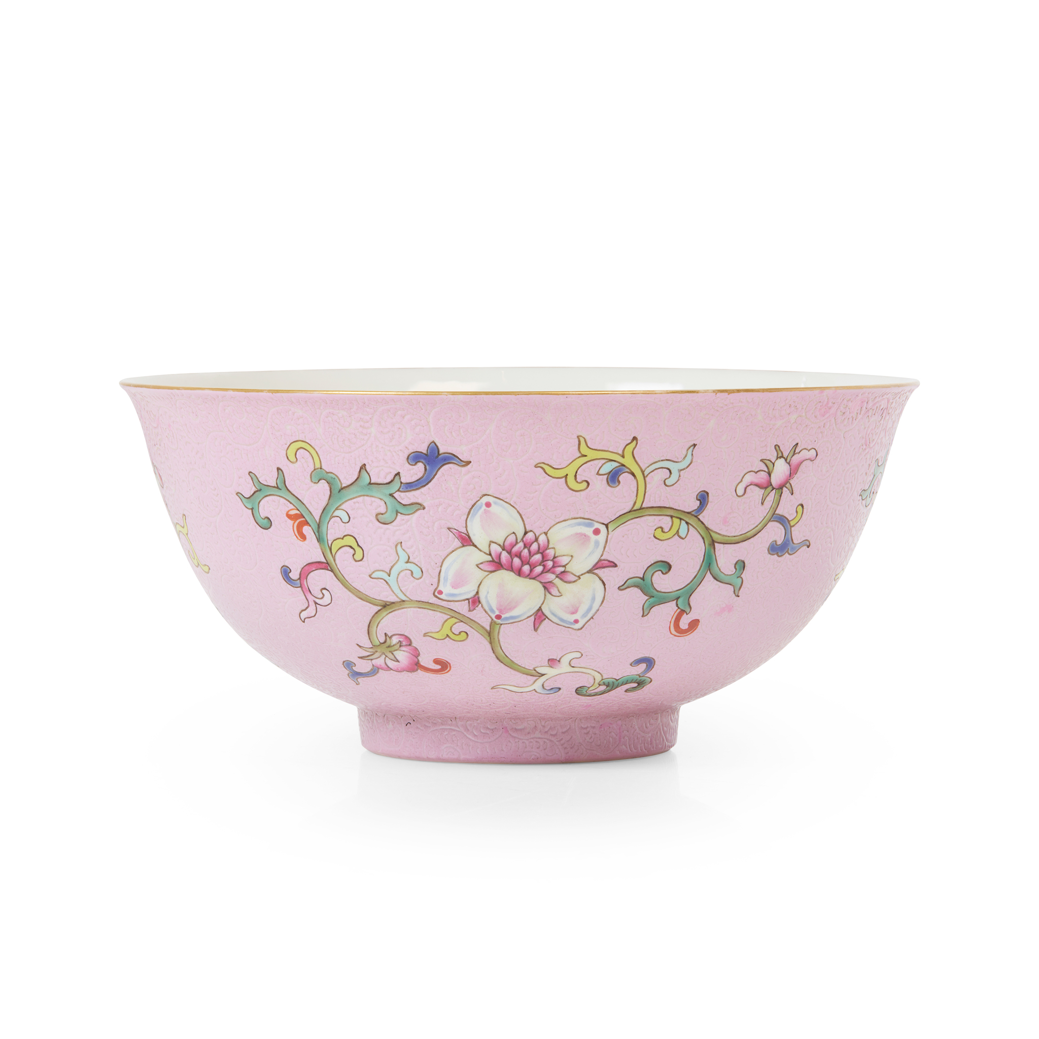 CHINESE FAMILLE ROSE PINK-GROUND SGRAFFITO 'FLORAL' BOWL