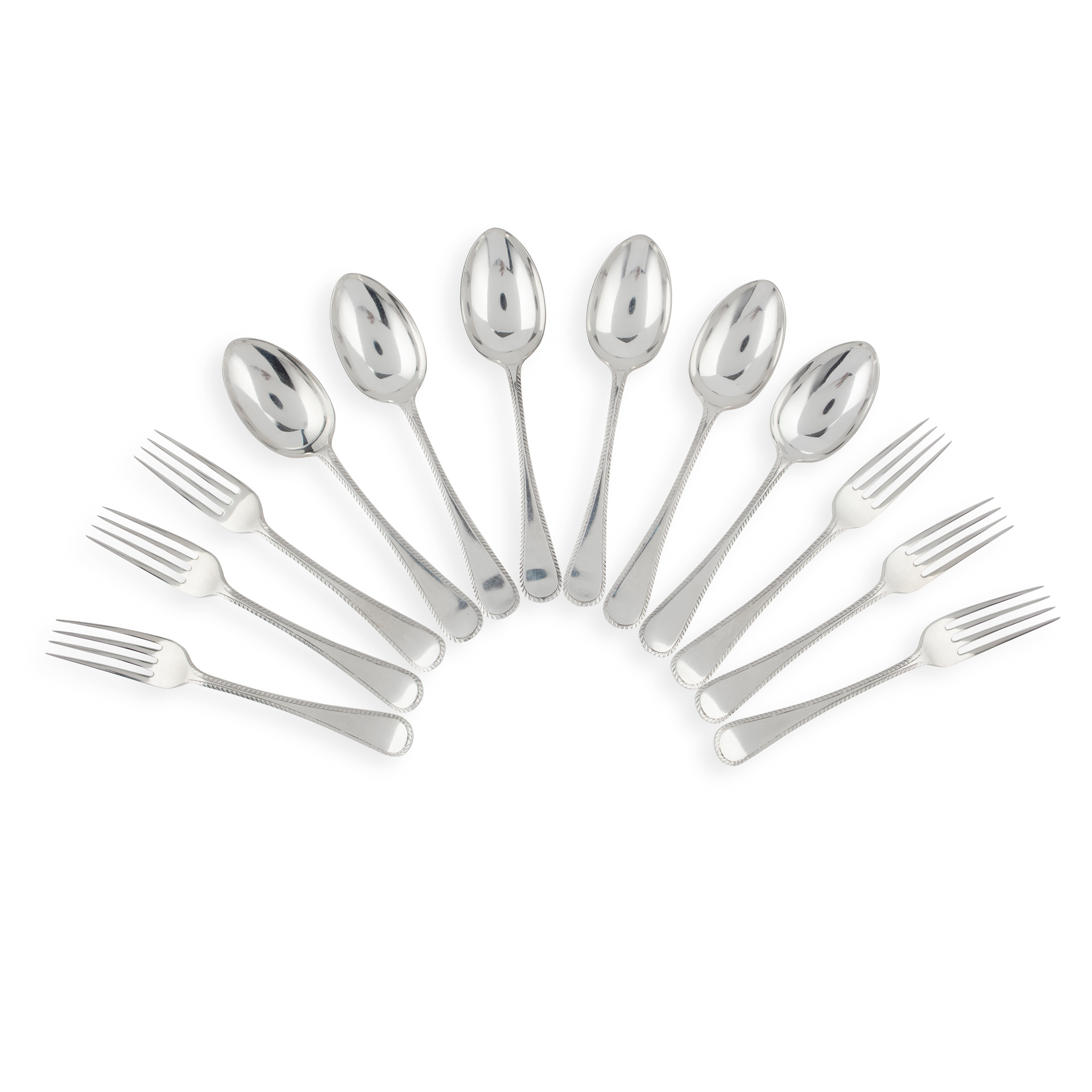 A MATCHED CASED SET OF TWELVE DESSERT FORKS AND SPOONS