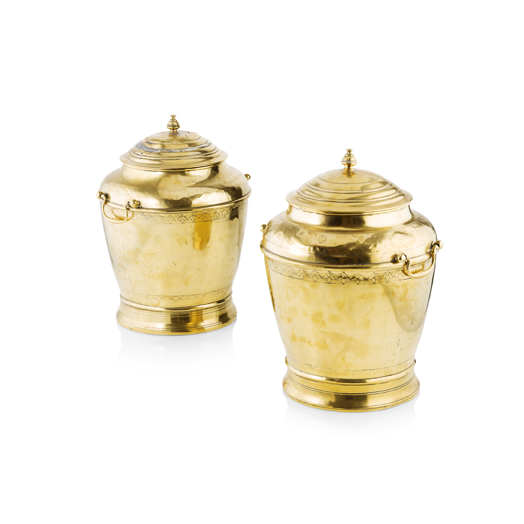 PAIR OF DUTCH BRASS COVERED TOBACCO URNS