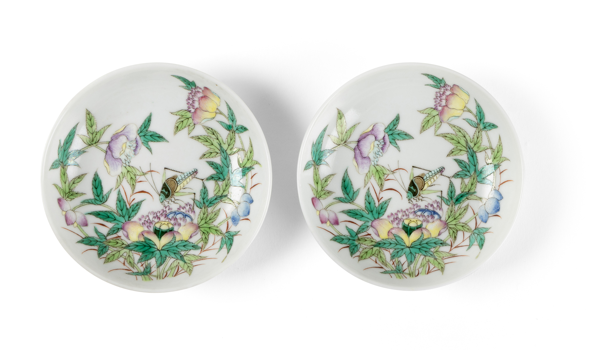 TWO CHINESE FAMILLE ROSE 'CRICKET' SAUCERS