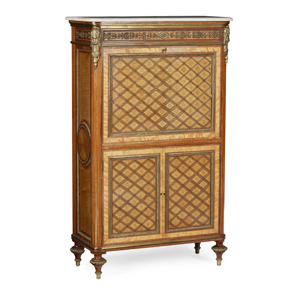 FINE LOUIS XVI STYLE MAHOGANY, SATINWOOD AND PARQUETRY SECRETAIRE À ABBATANT, IN THE MANNER OF JEAN HENRI RIESENER