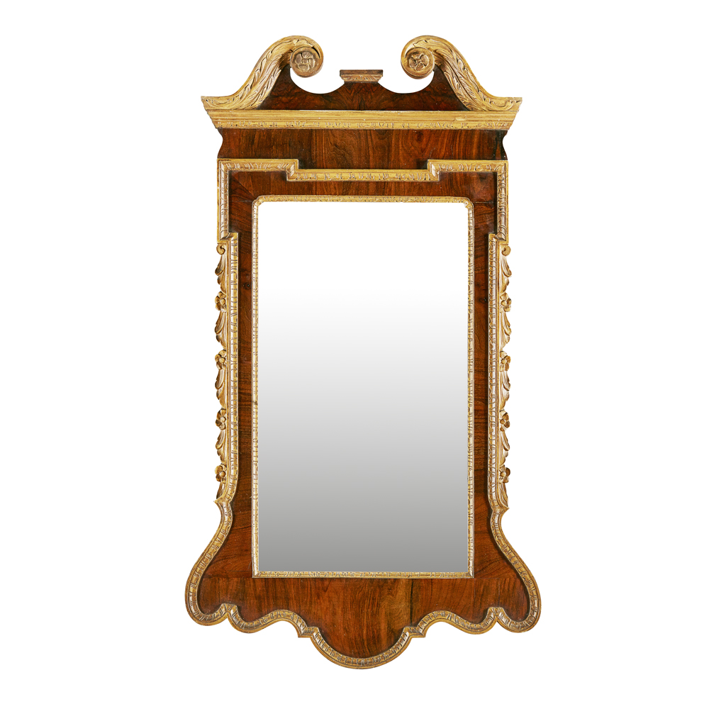 GEORGE II STYLE WALNUT AND GILTWOOD MIRROR