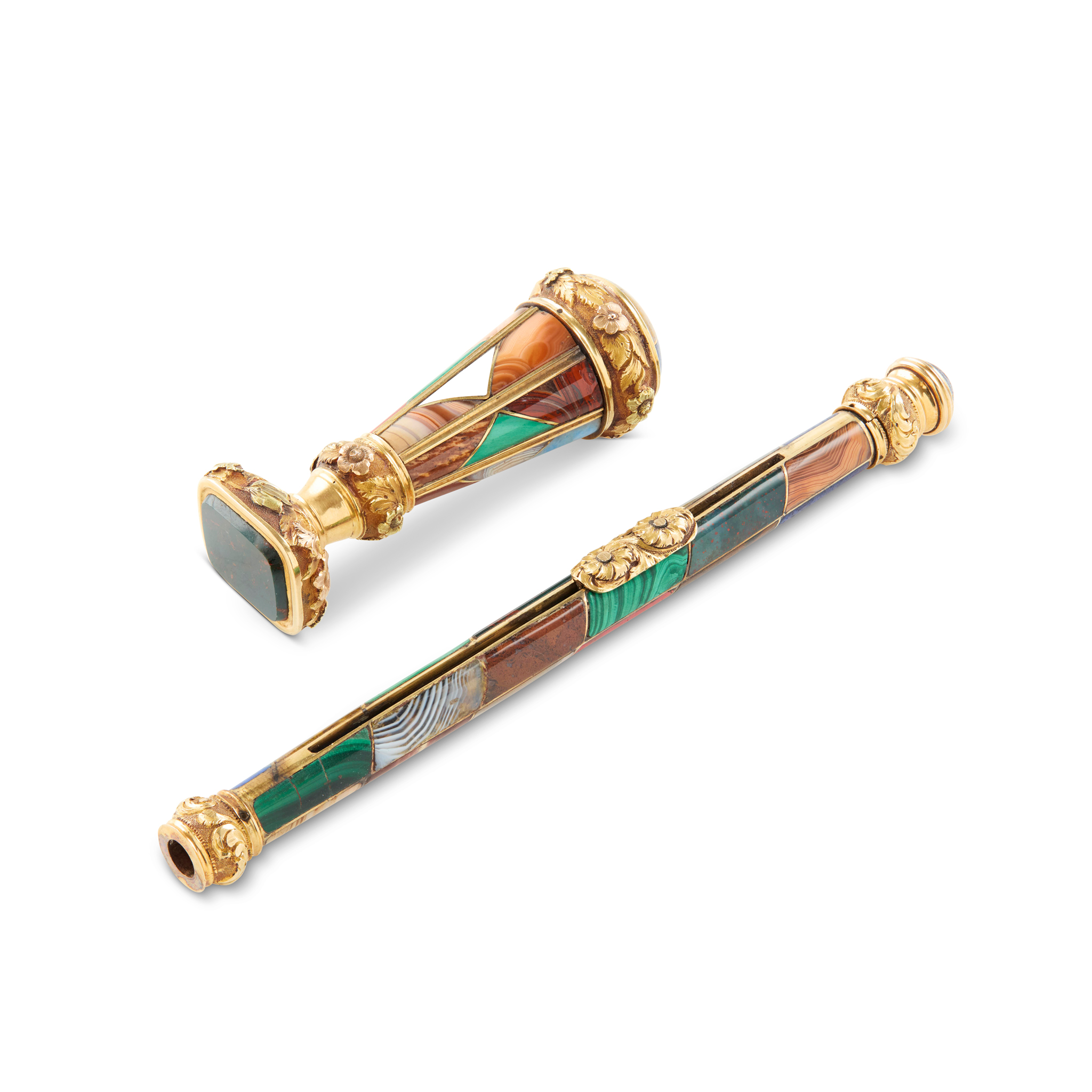 A CASED 19TH CENTURY GOLD, VARI-HARDSTONE SEAL AND PROPELLING PENCIL SET