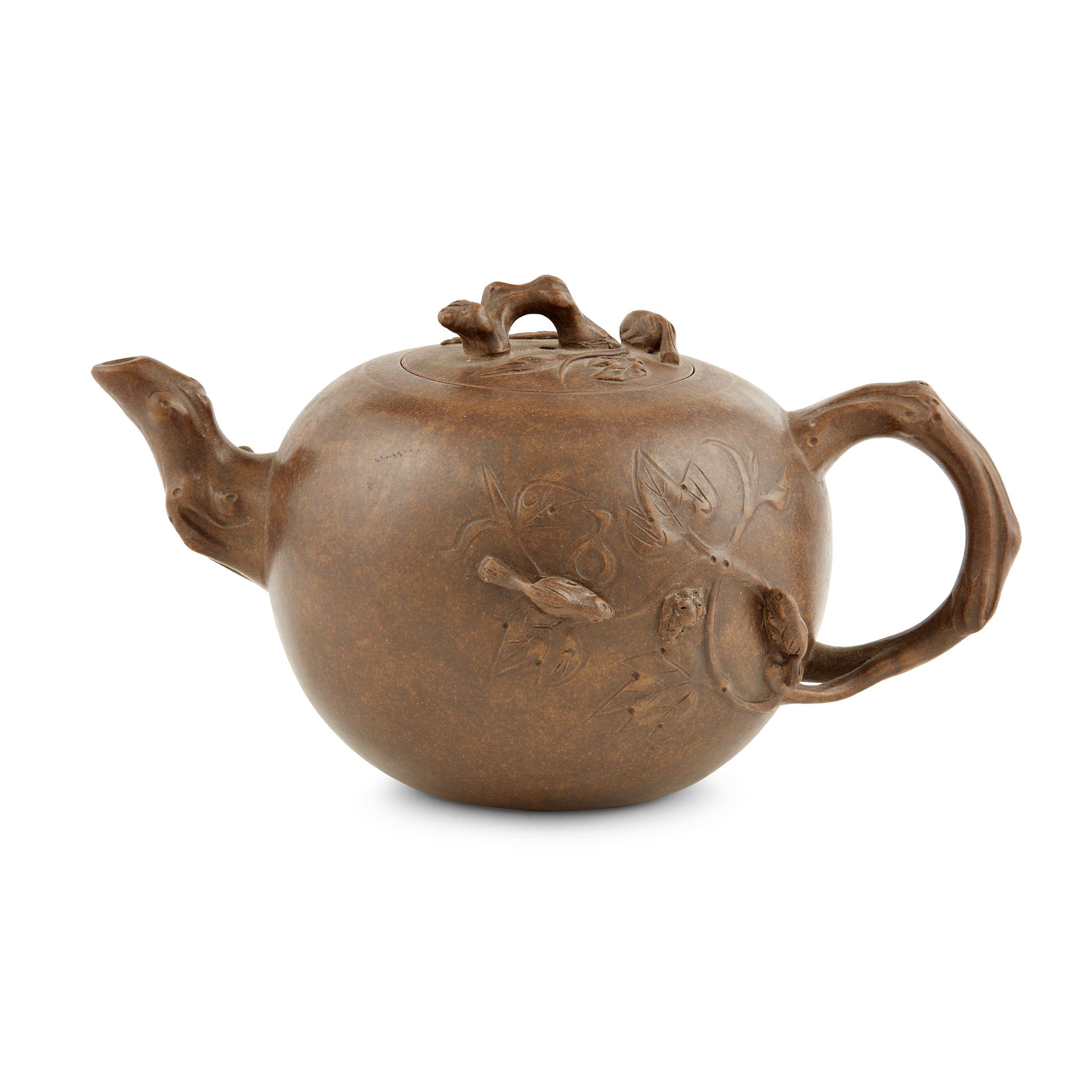 YIXING STONEWARE 'SQUIRREL AND GRAPE' TEAPOT