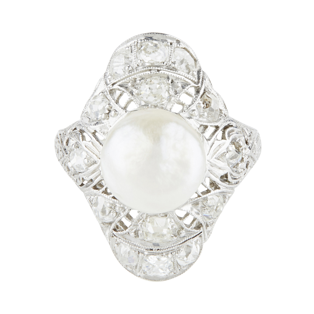A natural pearl and diamond set ring