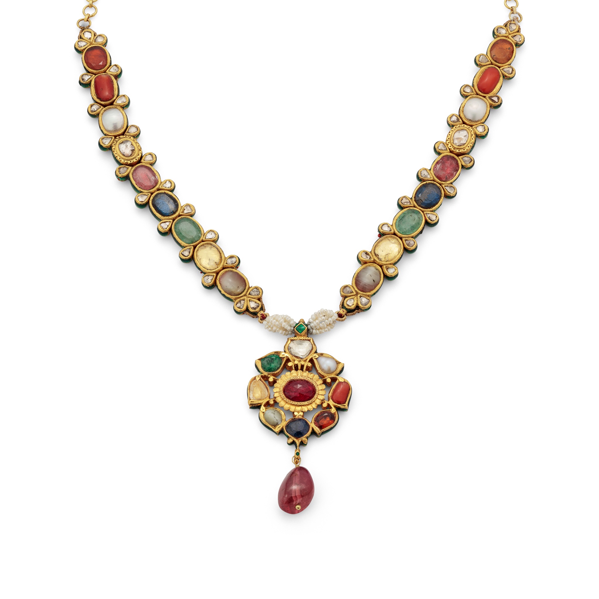 An Indian Navaratna pendant necklace