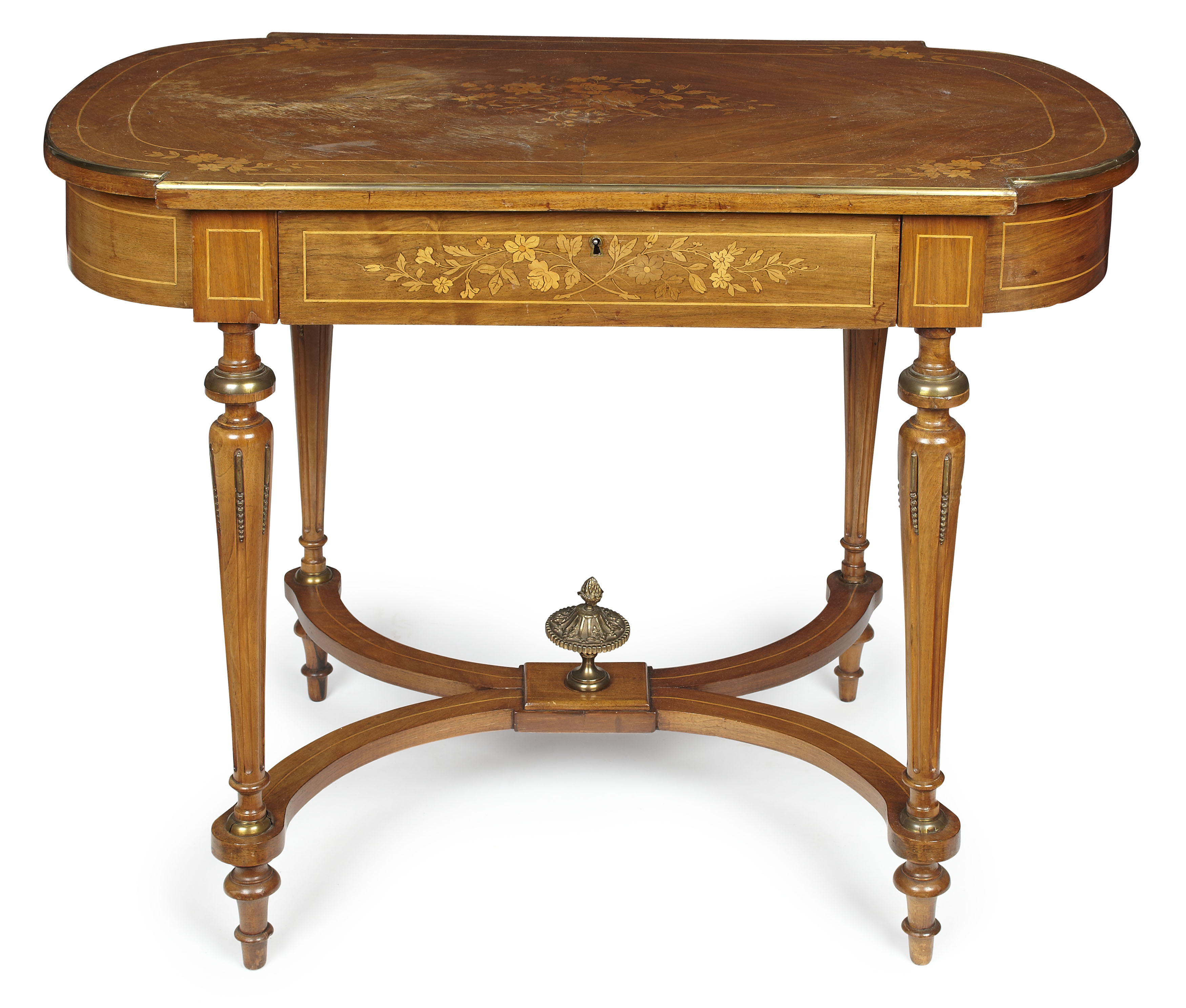 LOUIS XVI STYLE GILT METAL MOUNTED ROSEWOOD AND MARQUETRY CENTRE TABLE