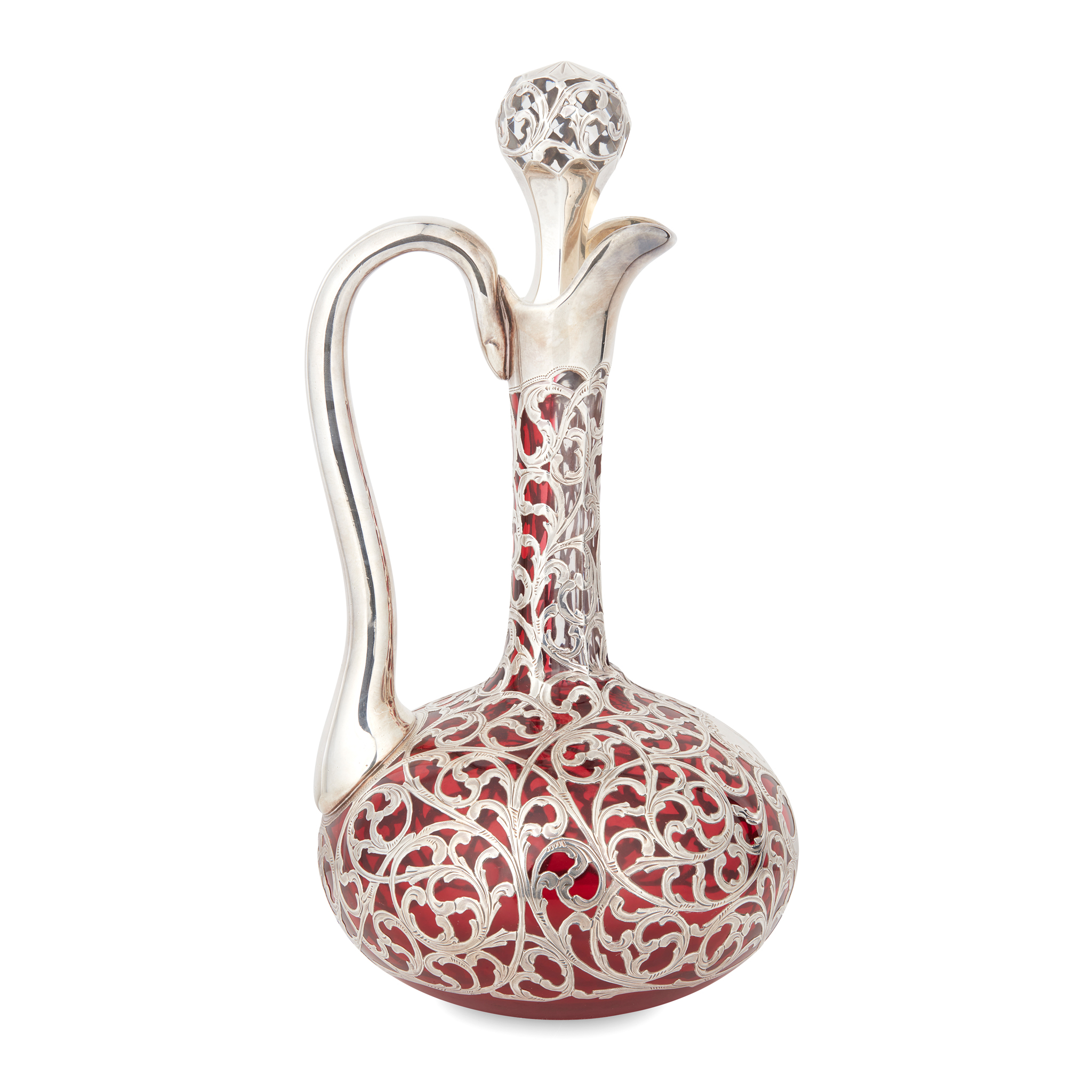 An early 20th-century cranberry glass claret jug