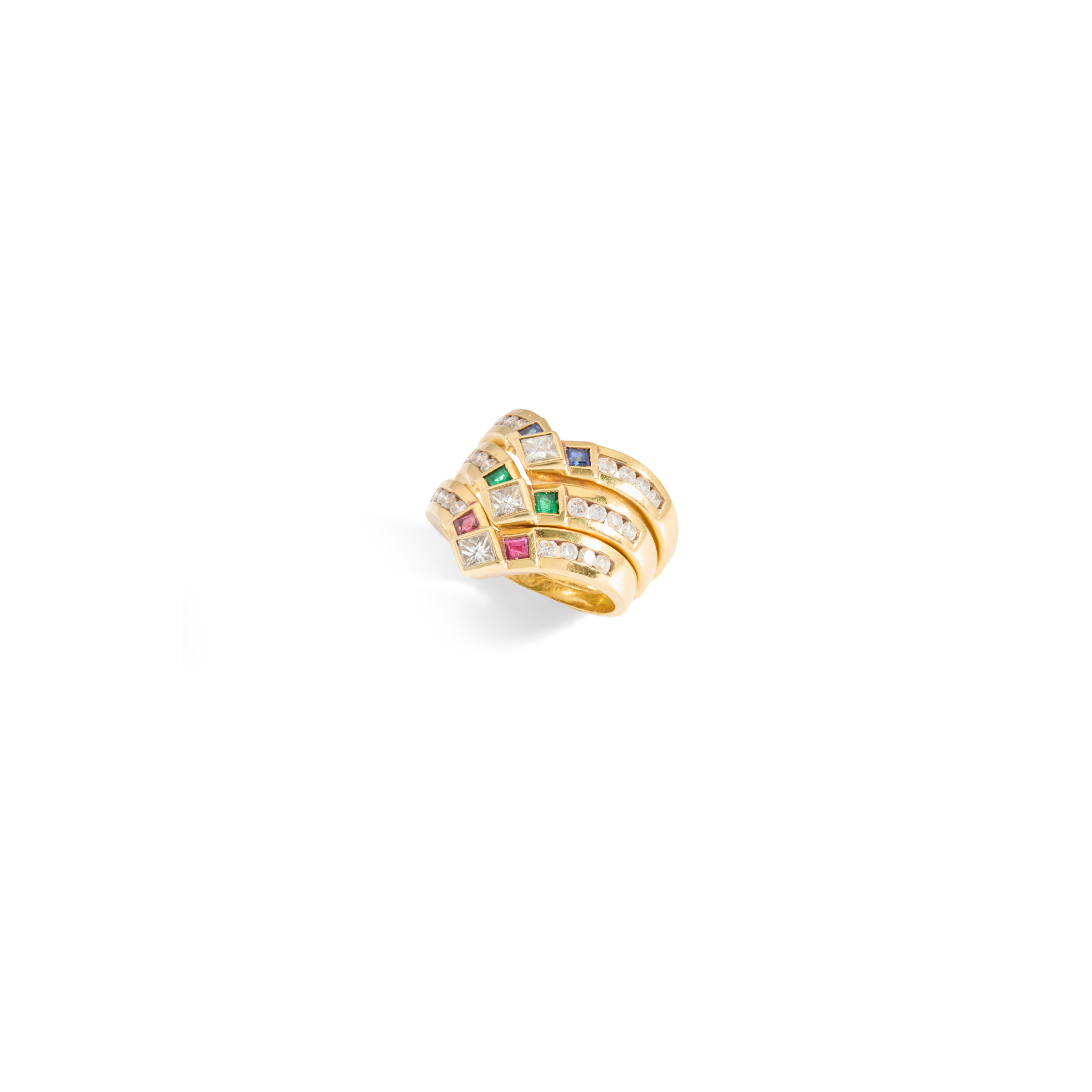 A set of three ruby, sapphire, emerald and diamond rings