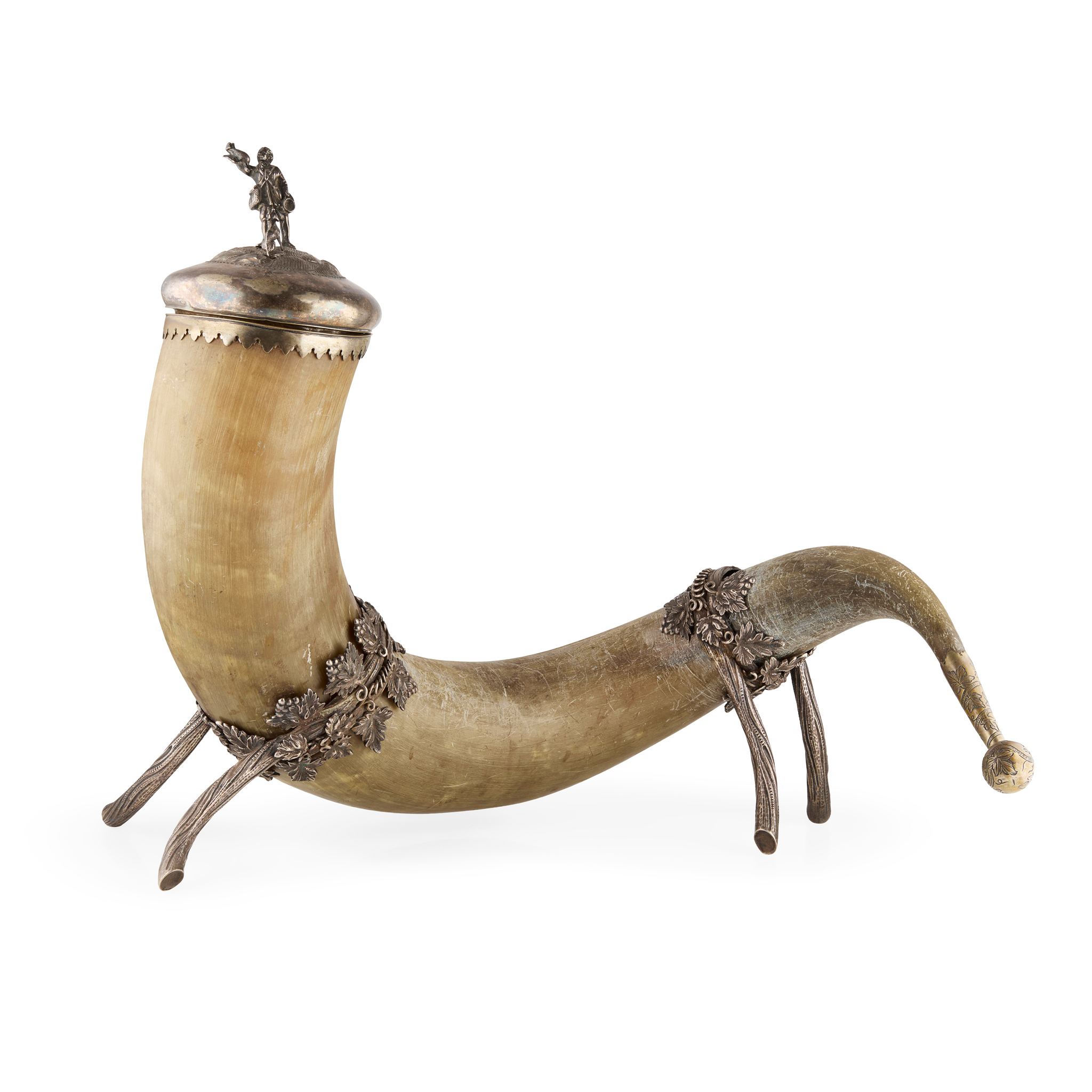 LARGE SILVER PLATE MOUNTED COW HORN CUP AND COVER