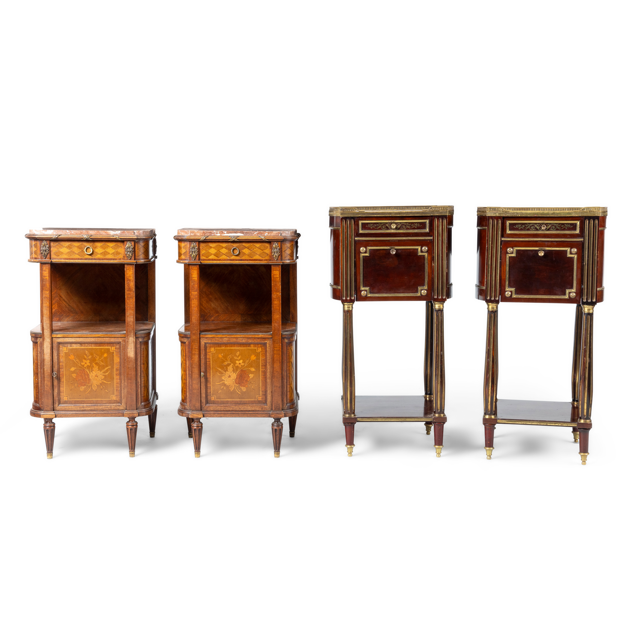A PAIR OF FRENCH MAHOGANY AND BRASS INLAID MARBLE TOP BEDSIDE CABINETS
