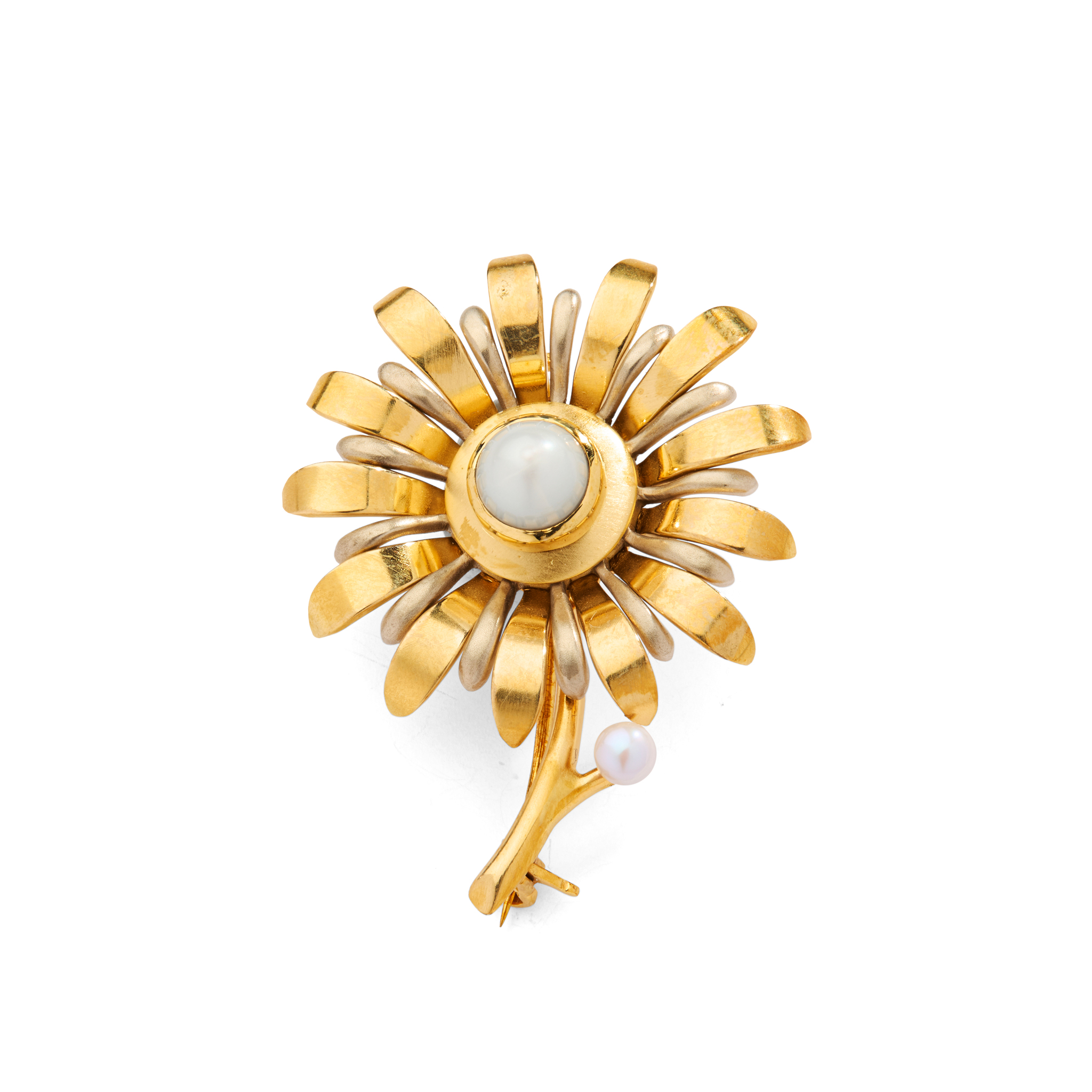A 9CT GOLD SCOTTISH FRESHWATER PEARL 'SUNFLOWER' BROOCH