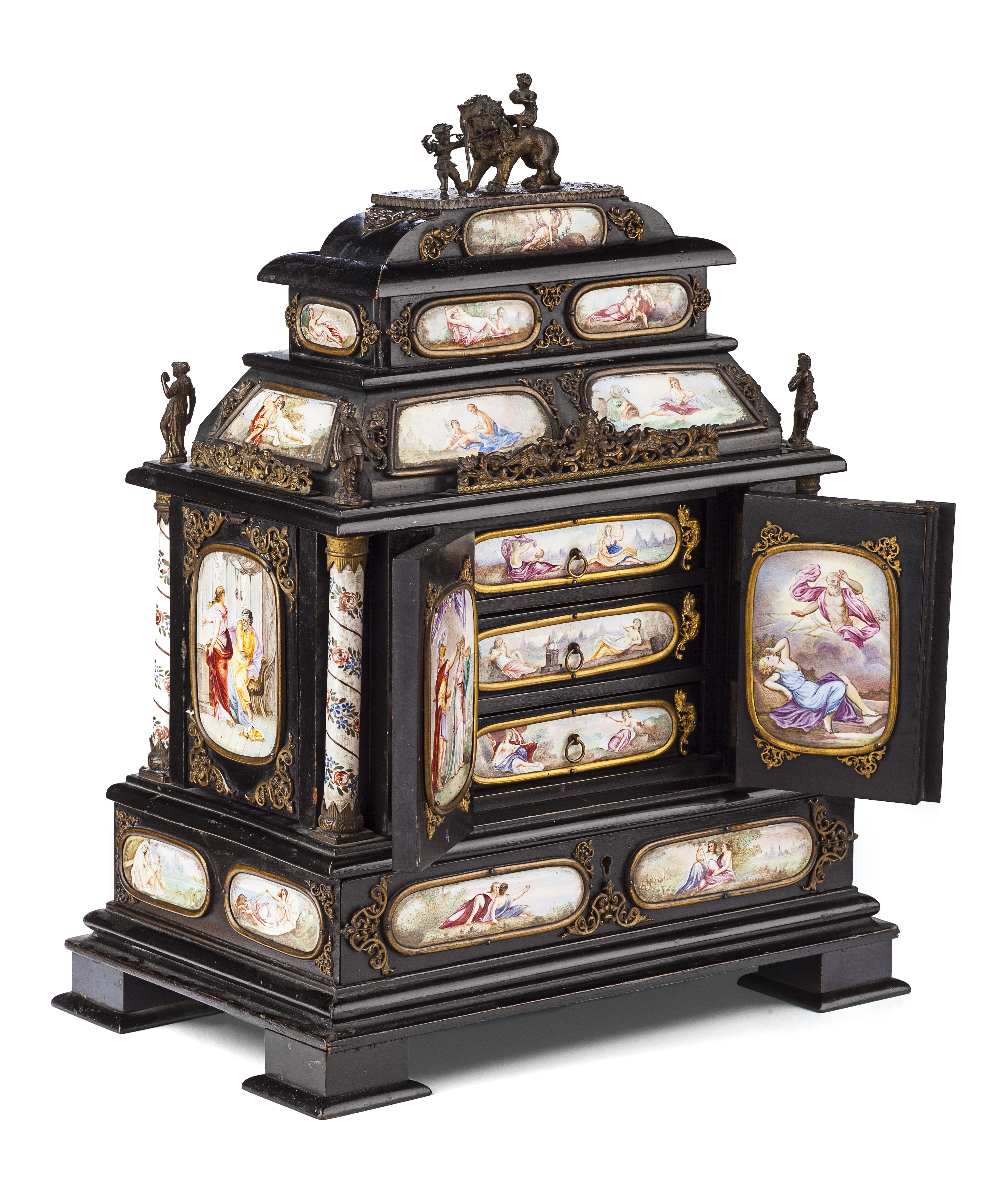 VIENNESE ENAMEL AND GILT METAL MOUNTED EBONISED TABLE CABINET