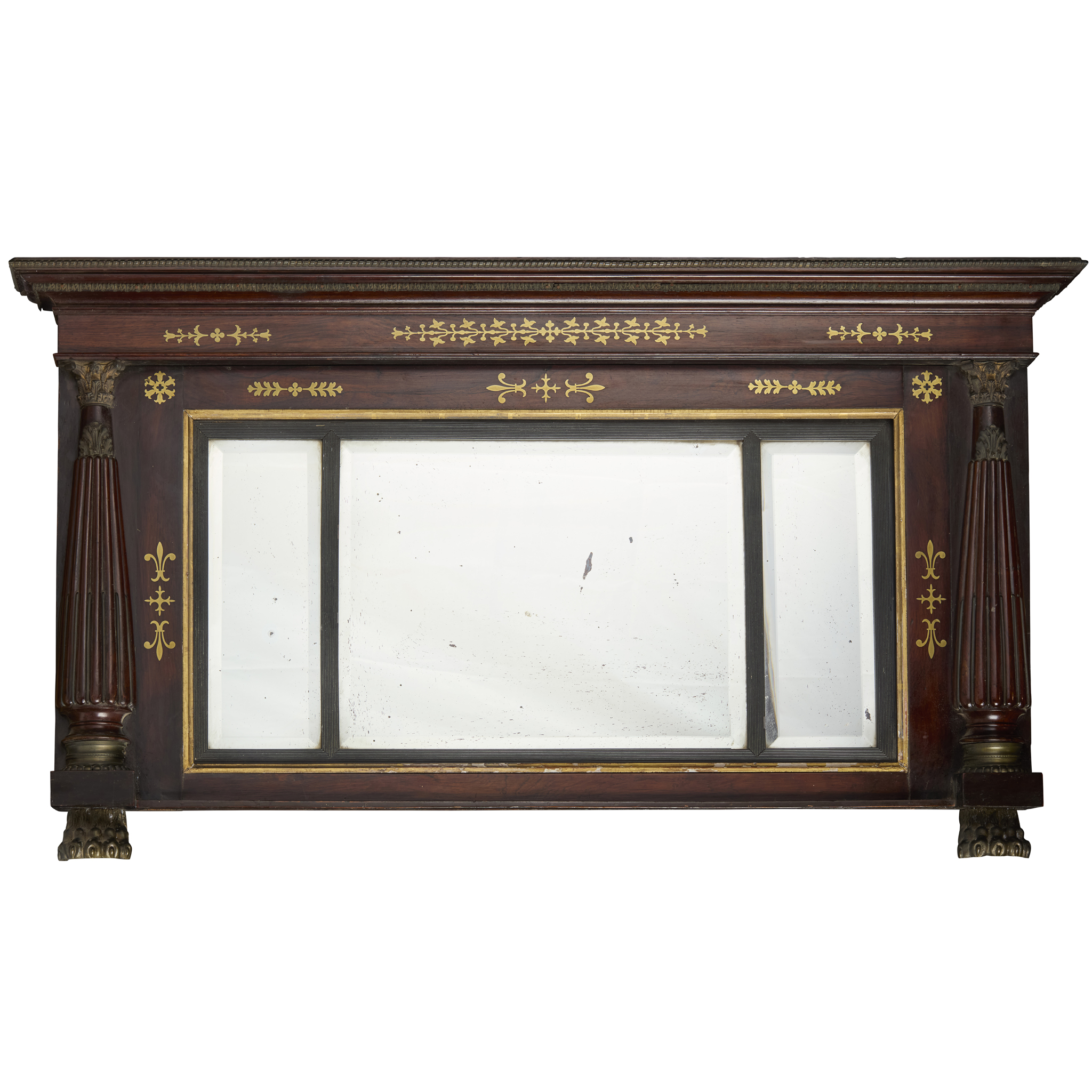 REGENCY ROSEWOOD AND BRASS INLAID TRIPLE-PLATE OVERMANTEL MIRROR