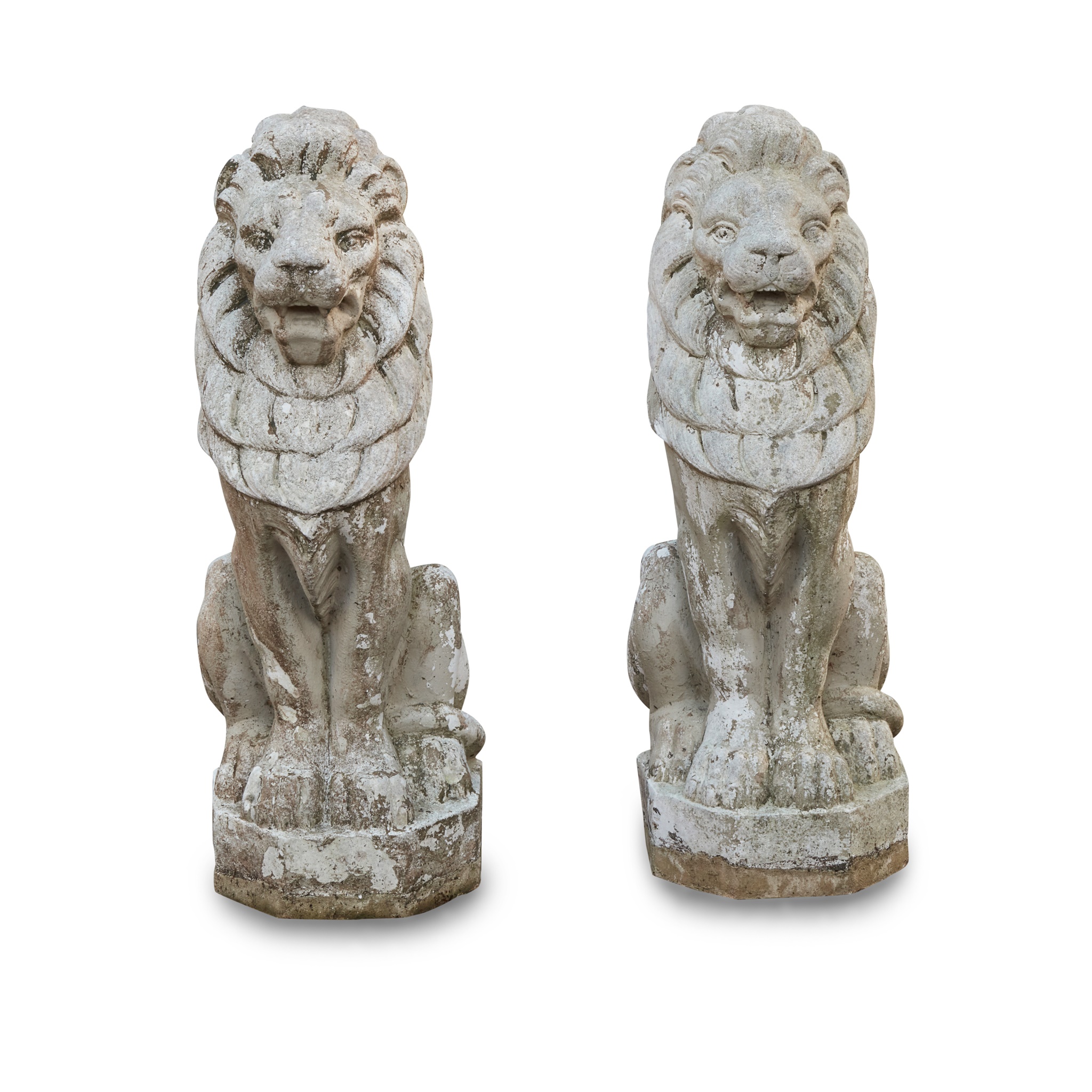 PAIR OF COMPOSITION STONE LIONS, AFTER A DESIGN BY ALFRED STEVENS