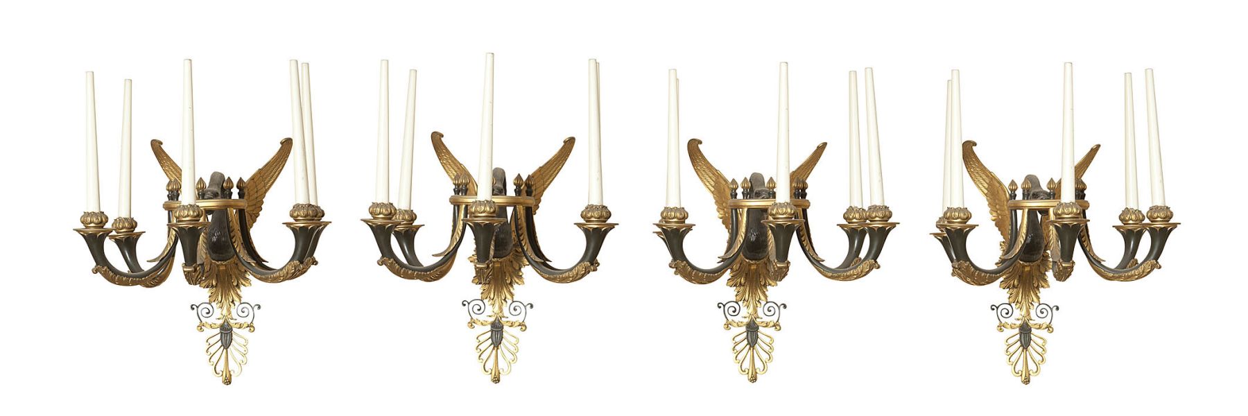 FOUR EMPIRE STYLE GILT AND PATINATED BRONZE WALL LIGHTS
