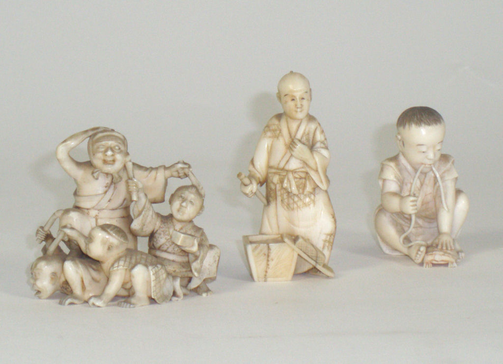 Three Japanese ivory okimono, Meiji period