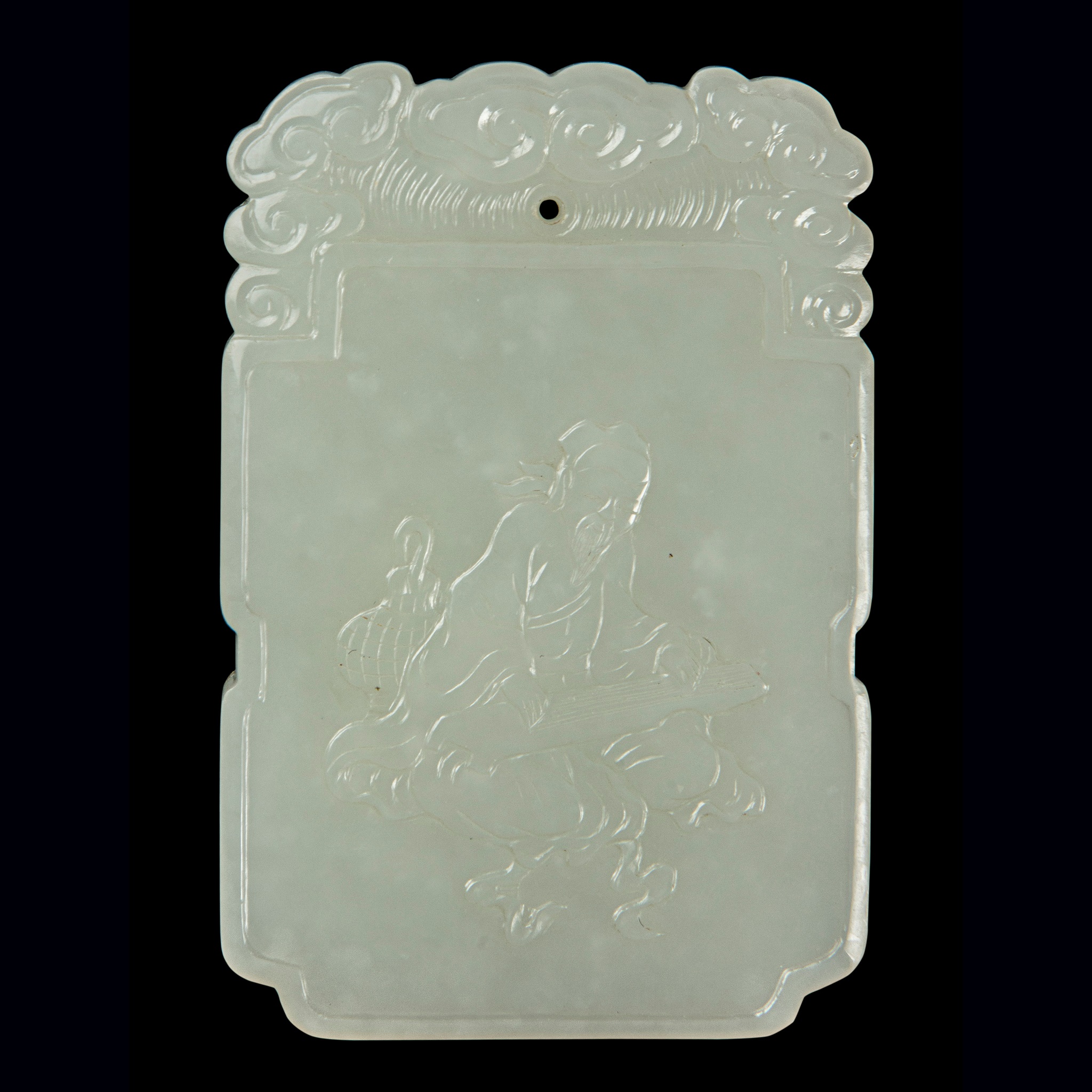 PALE CELADON ' SCHOLAR PLAYING MUSIC' JADE PLAQUE