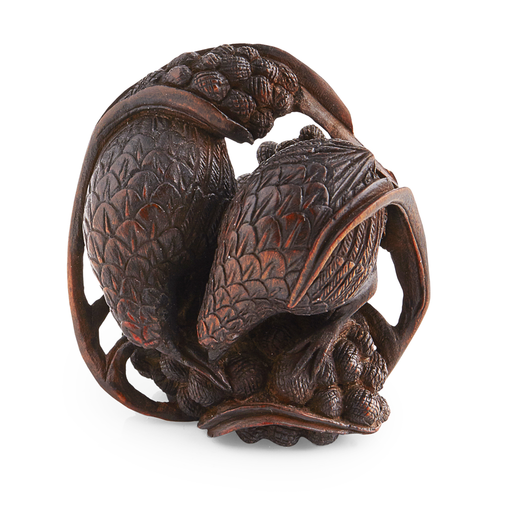 WOOD NETSUKE OF QUAILS PECKING MILLET