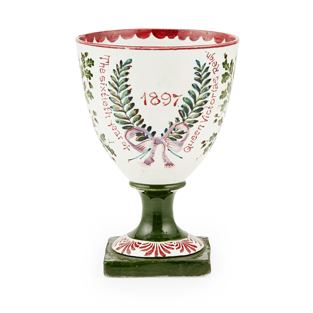 A SMALL WEMYSS WARE COMMEMORATIVE VICTORIA GOBLET