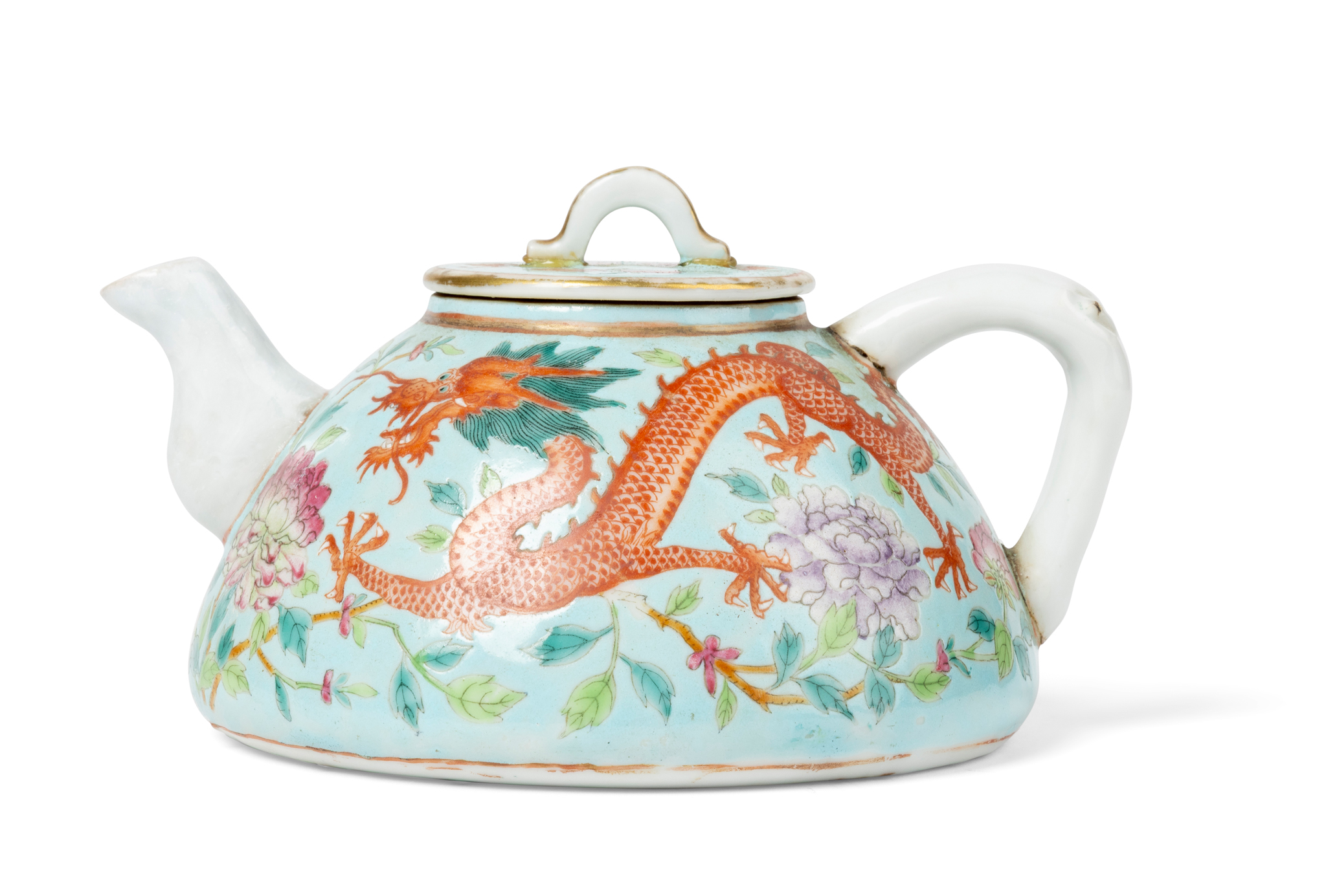 CHINESE TURQUOISE-GROUND FAMILLE ROSE 'DRAGON AND PHOENIX' TEAPOT