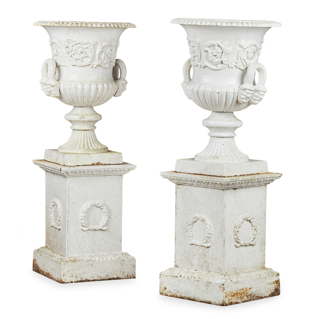 PAIR OF LARGE VICTORIAN WHITE PAINTED CAST IRON URNS AND STANDS